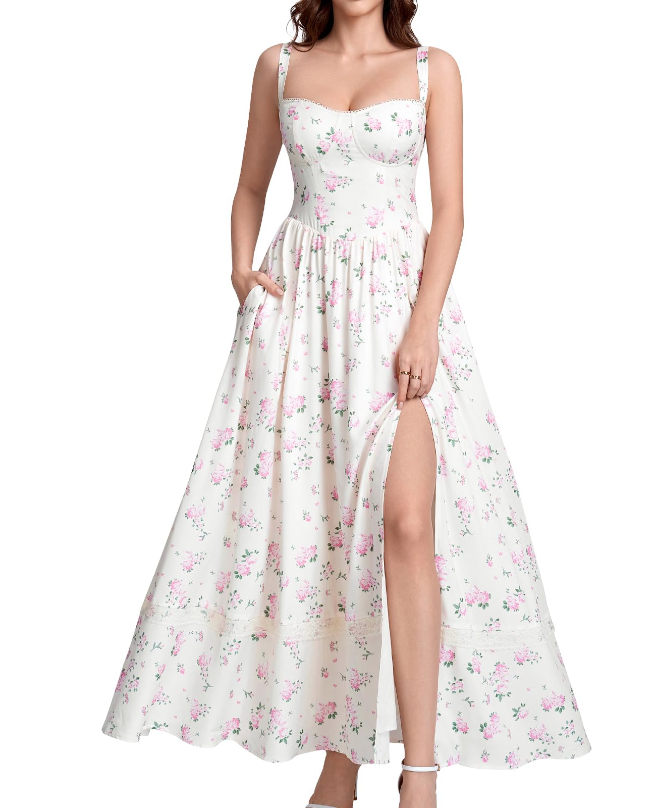 GLNEGE Floral Corset Wedding Guest Maxi Dress Summer Spring Flowy A Line Slit Tea Party Sundress for Women with Pockets