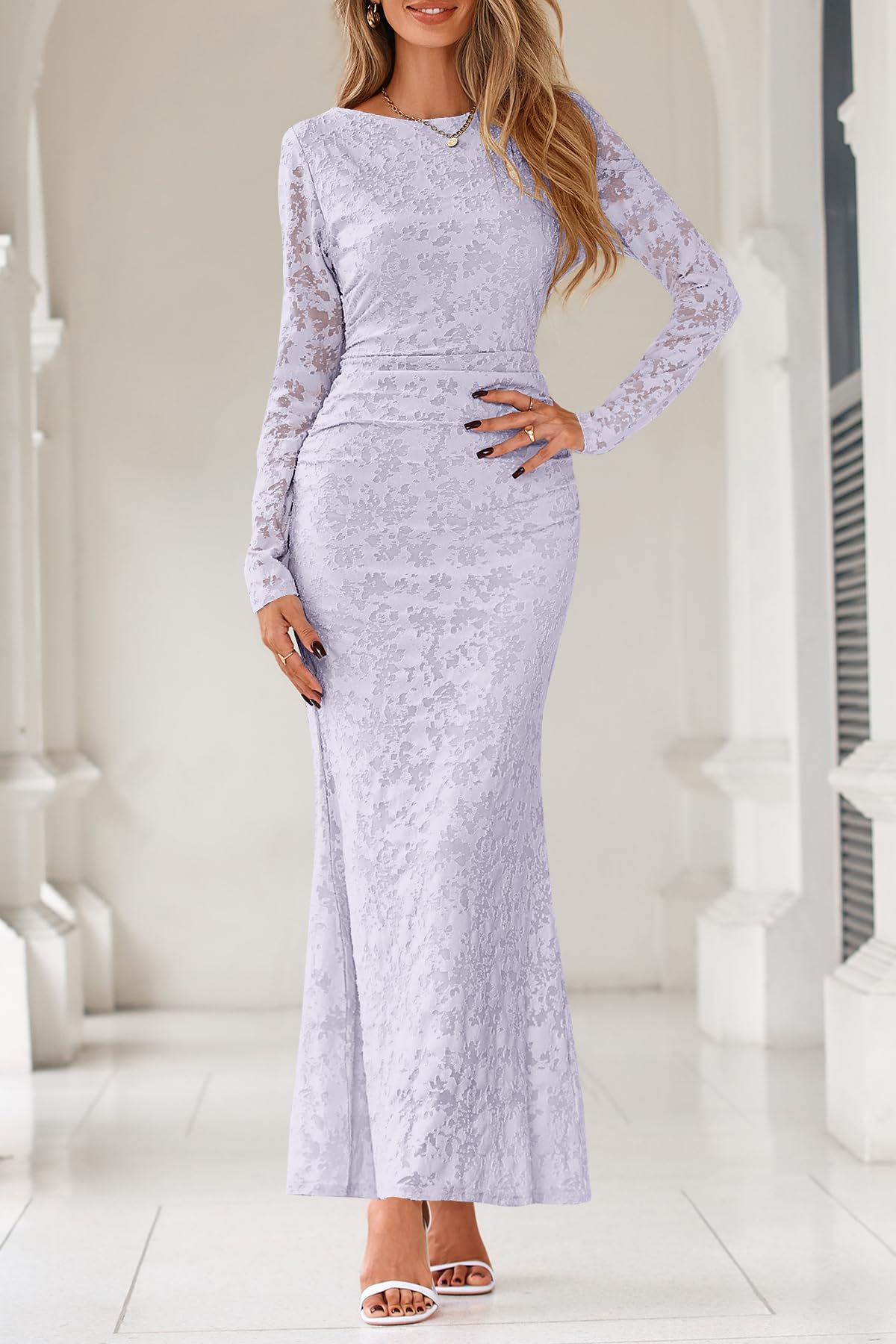 MITILLY Women's Formal Long Sleeve Dress Fall Elegant Floral Bodycon Ruched Cocktail Party Maxi Dresses New