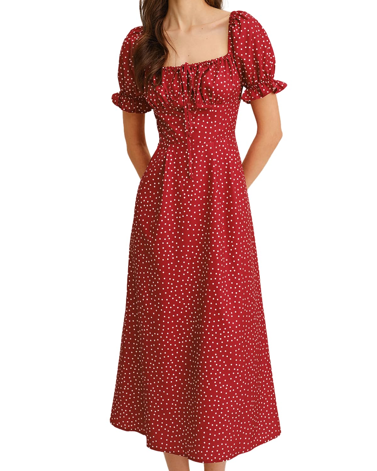 Women Summer Dresses Vintage Square Neck Adjustable Bust Floral Dress Short Puff A-Line Midi Dresses Sleeve