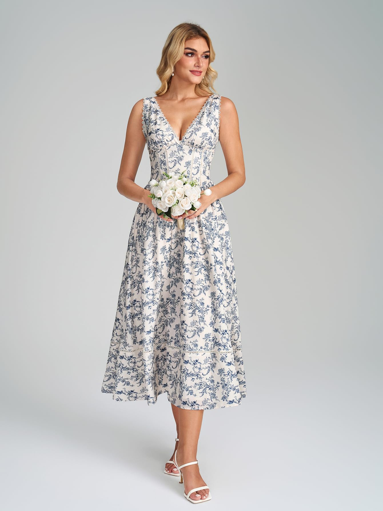 KUTUMAI Floral Corset Midi Dresses for Women 2026 Summer Spring V Neck Lace Up Flowy Wedding Guest Dress