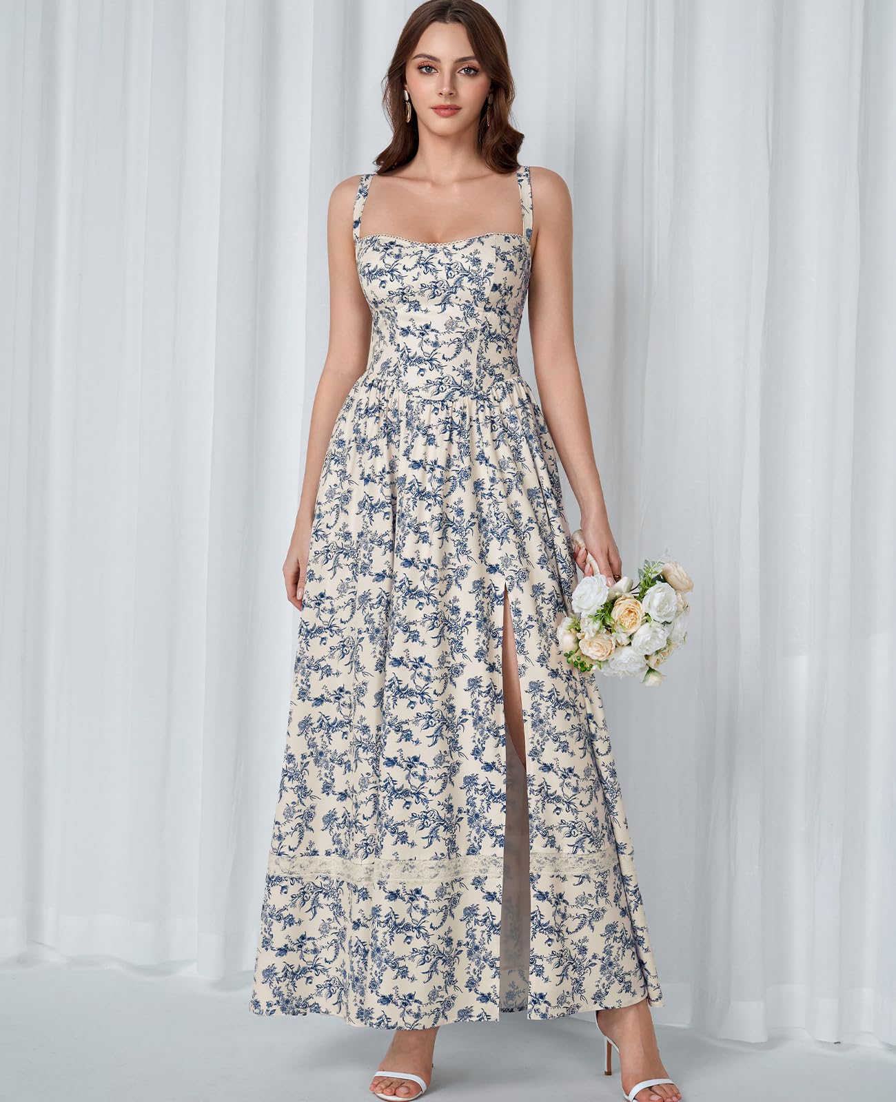 GLNEGE Floral Corset Wedding Guest Maxi Dress Summer Spring Flowy A Line Slit Tea Party Sundress for Women with Pockets