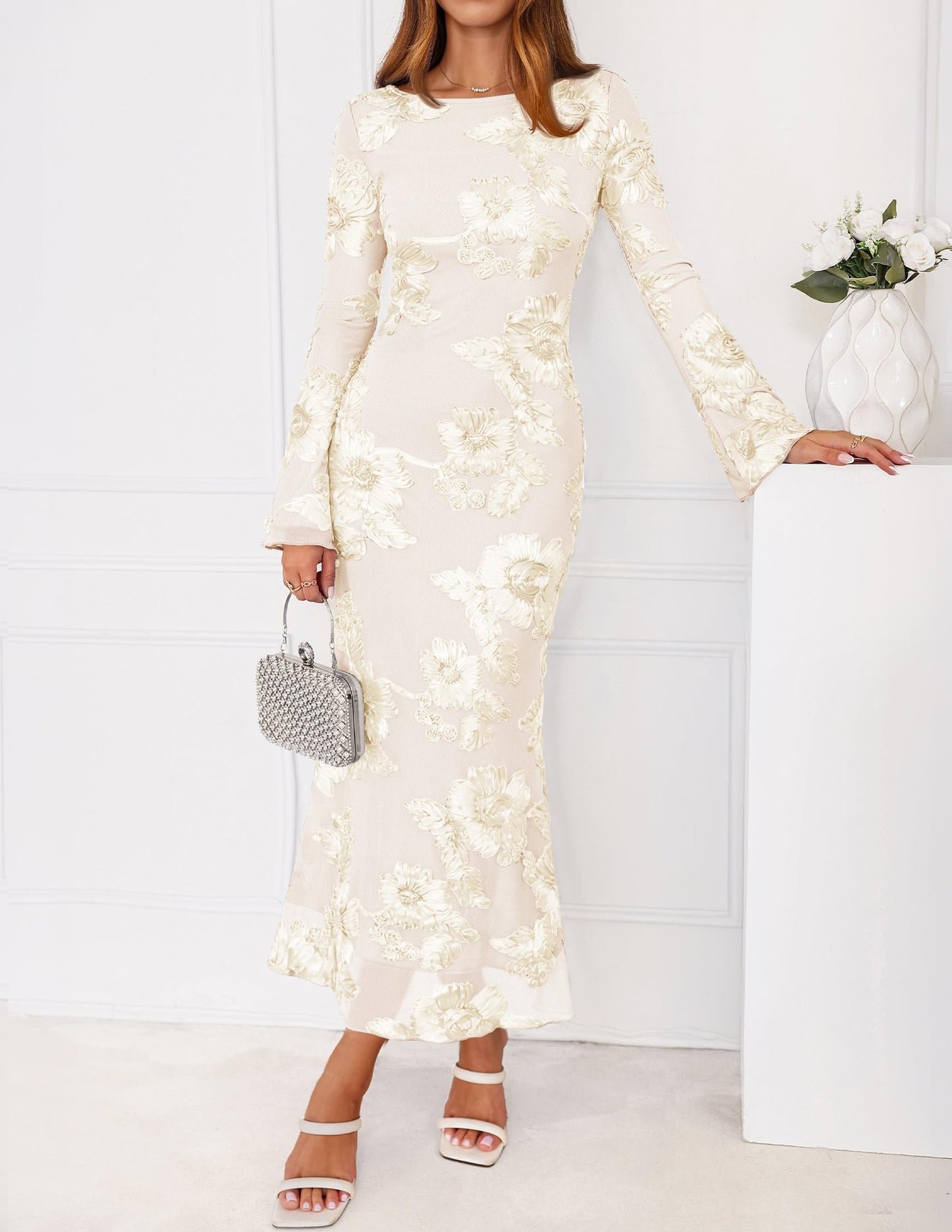 ZESICA Women Fall Long Sleeve Wedding Guest Cocktail Midi Dress