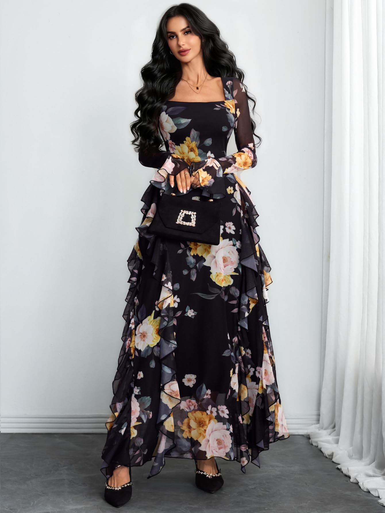 GothDark Women's Floral Dress Mesh Sheer Long Sleeve Square Neck Ruffle Layered Elegant Date Night Holiday Party Outfit