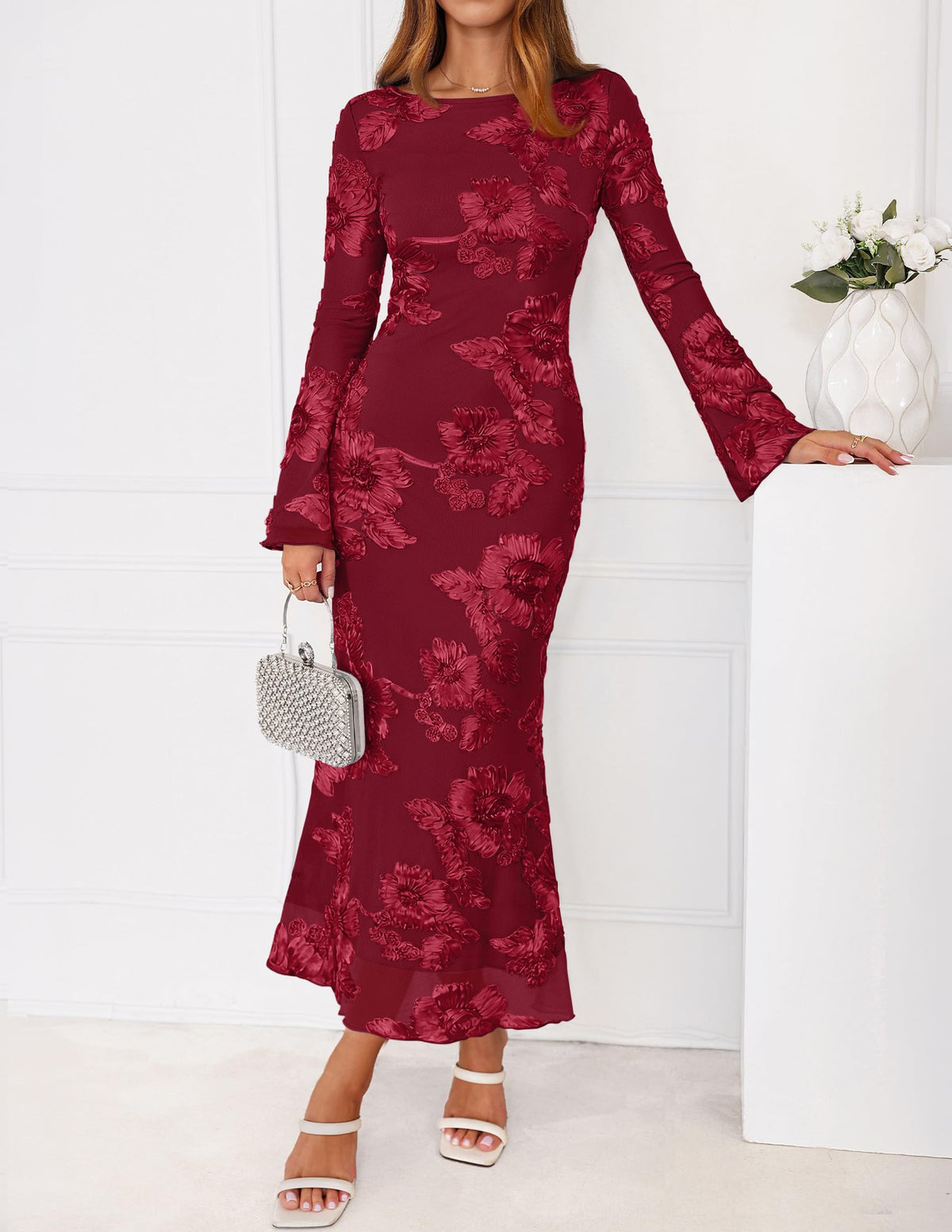 ZESICA Women Fall Long Sleeve Wedding Guest Cocktail Midi Dress