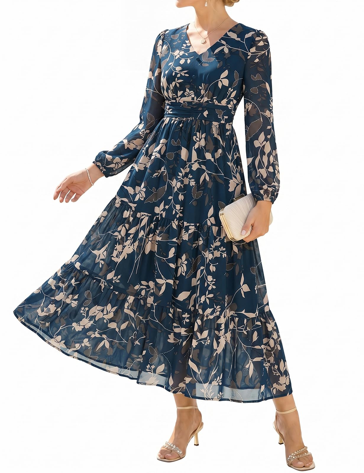 GRACE KARIN Women Floral Maxi Dress Fall Long Sleeve Wedding Guest Dresses