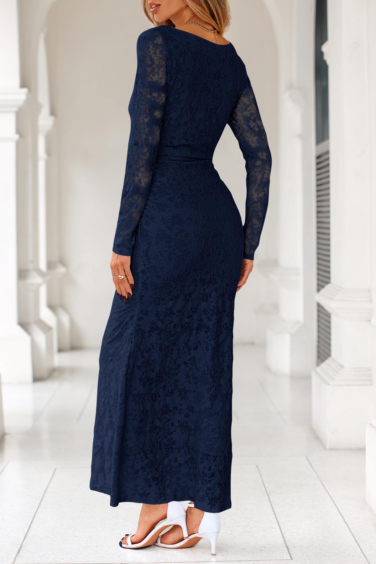 MITILLY Women's Formal Long Sleeve Dress Fall Elegant Floral Bodycon Ruched Cocktail Party Maxi Dresses New