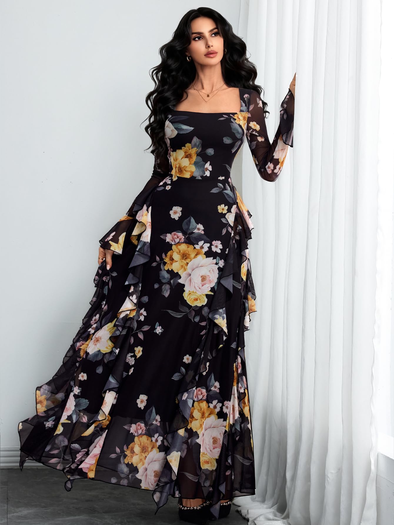 GothDark Women's Floral Dress Mesh Sheer Long Sleeve Square Neck Ruffle Layered Elegant Date Night Holiday Party Outfit