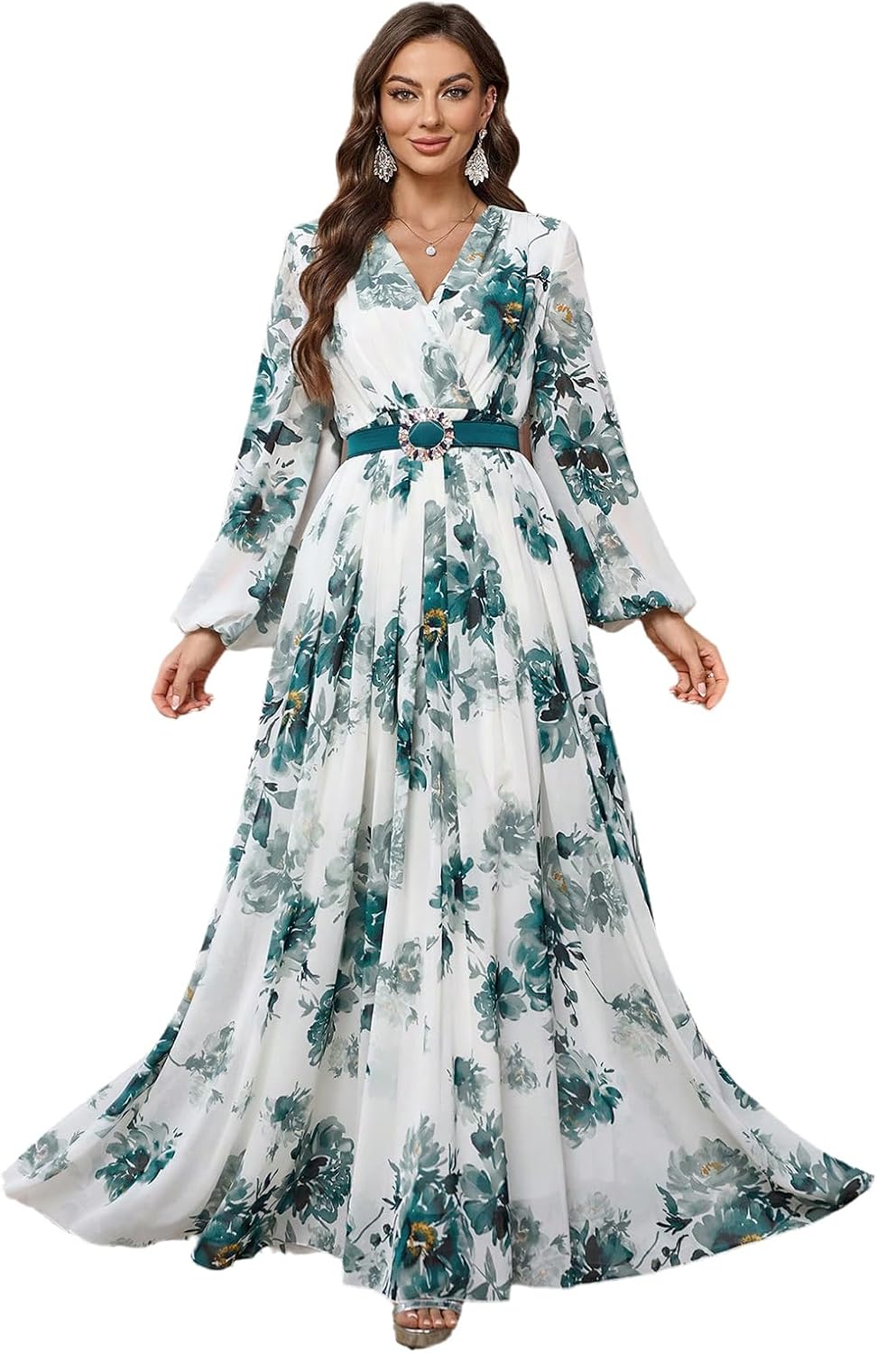 TOLEEN Summer Casual Dresses for Women 2024 Spring Fashion Boho V Neck Long Sleeve Ruffle Floral Print Elegant Maxi Dress