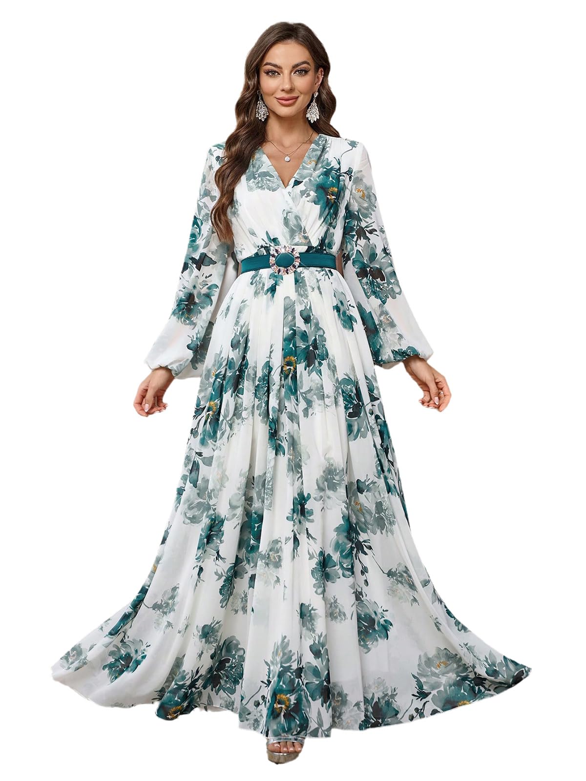 TOLEEN Summer Casual Dresses for Women 2024 Spring Fashion Boho V Neck Long Sleeve Ruffle Floral Print Elegant Maxi Dress