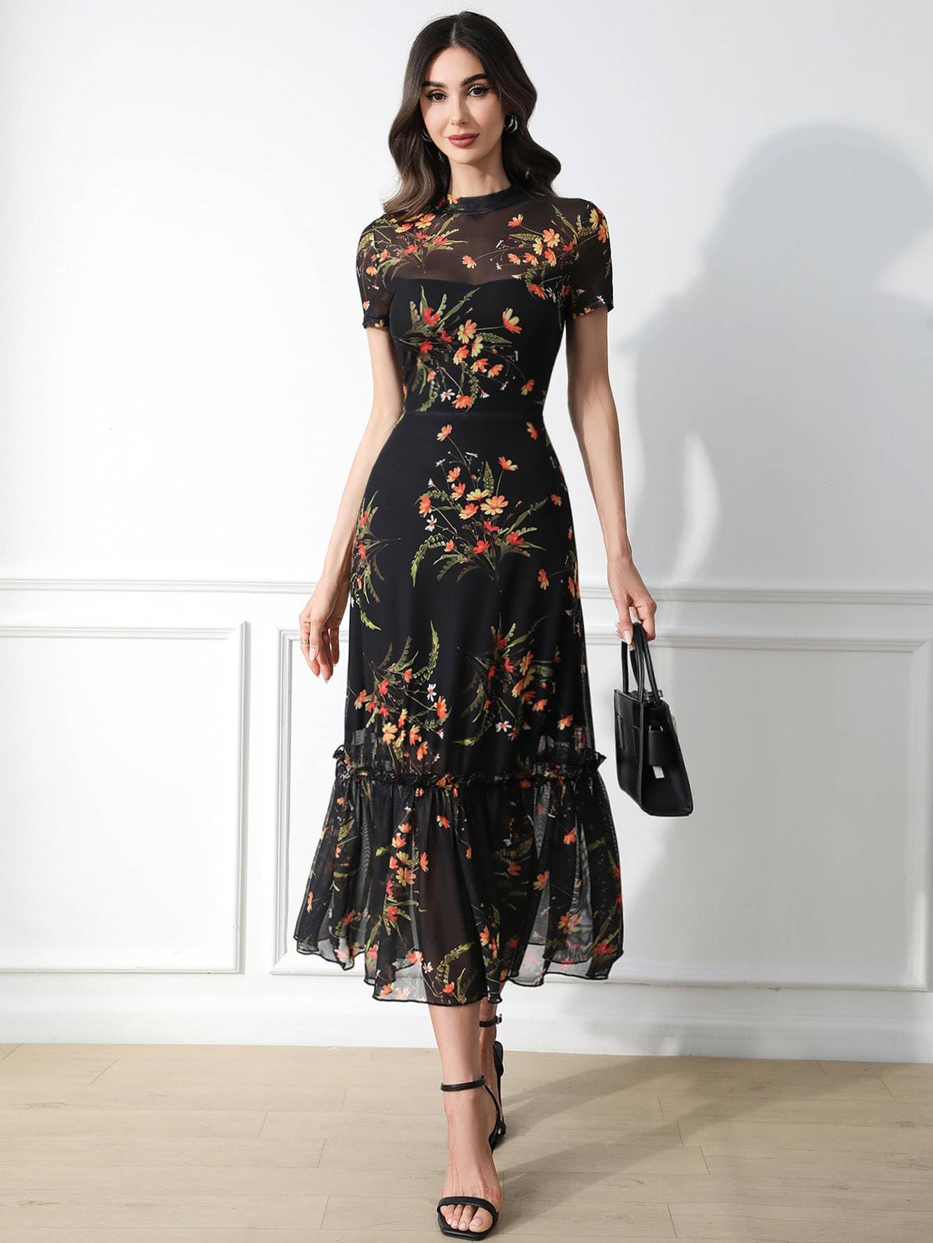 GothDark Women's Summer Floral Mesh Ruffle Dress Short Sleeve Round Neck Waist Cinched Casual Maxi Wedding Guest Dresses