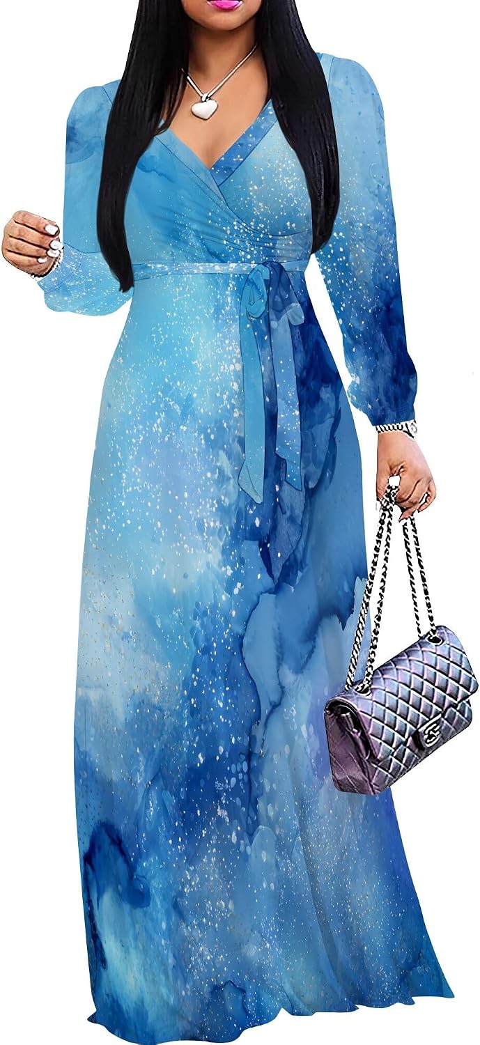SUZONANA Plus Size Dresses for Women Floral Print Maxi Dress Flowy 3/4 Sleeve with Belt