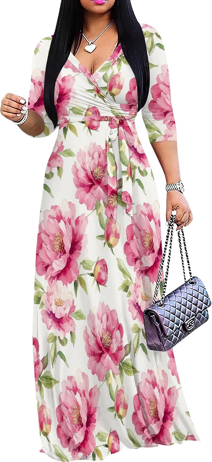 SUZONANA Plus Size Dresses for Women Floral Print Maxi Dress Flowy 3/4 Sleeve with Belt
