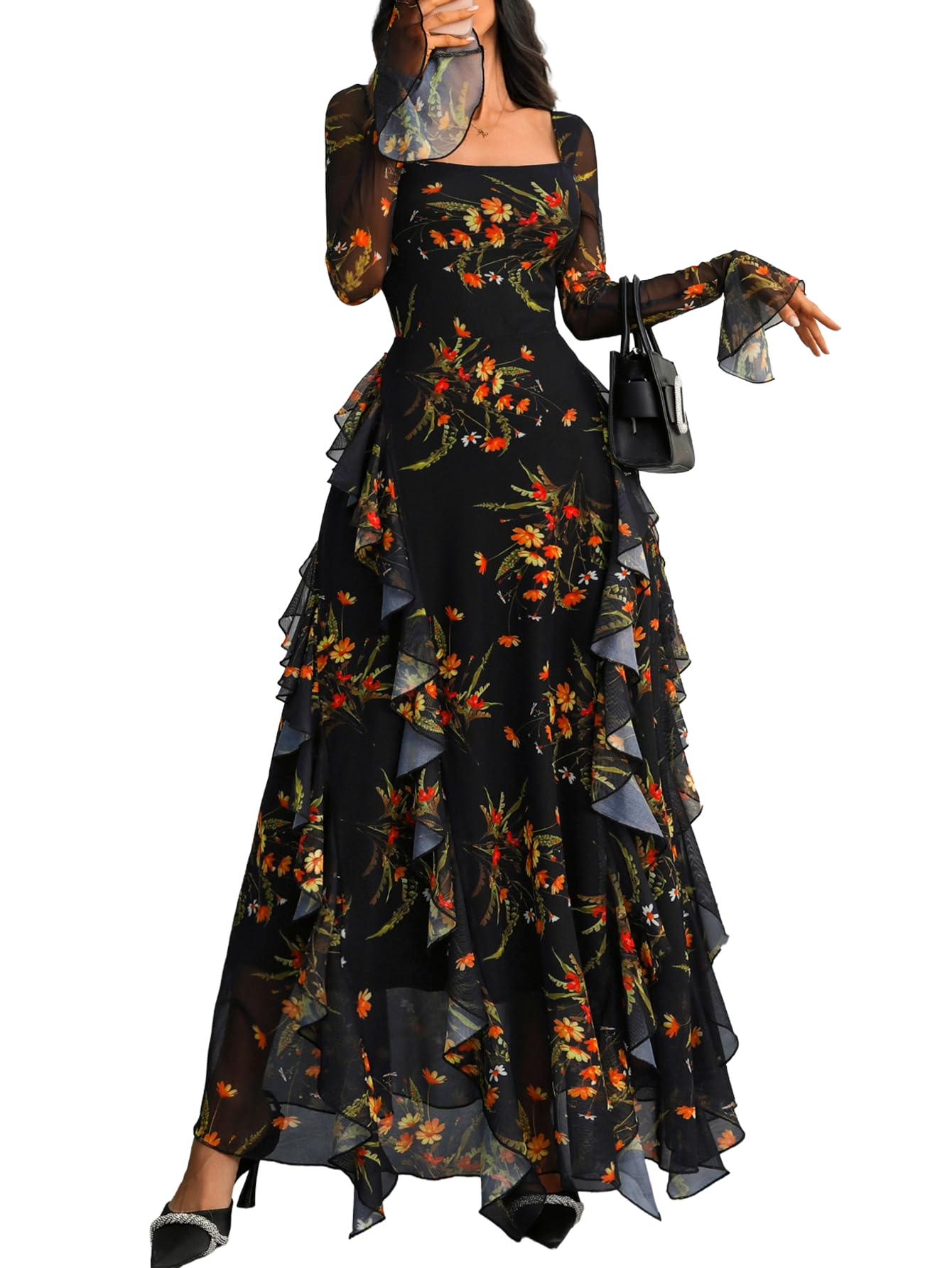 GothDark Women's Floral Dress Mesh Sheer Long Sleeve Square Neck Ruffle Layered Elegant Date Night Holiday Party Outfit