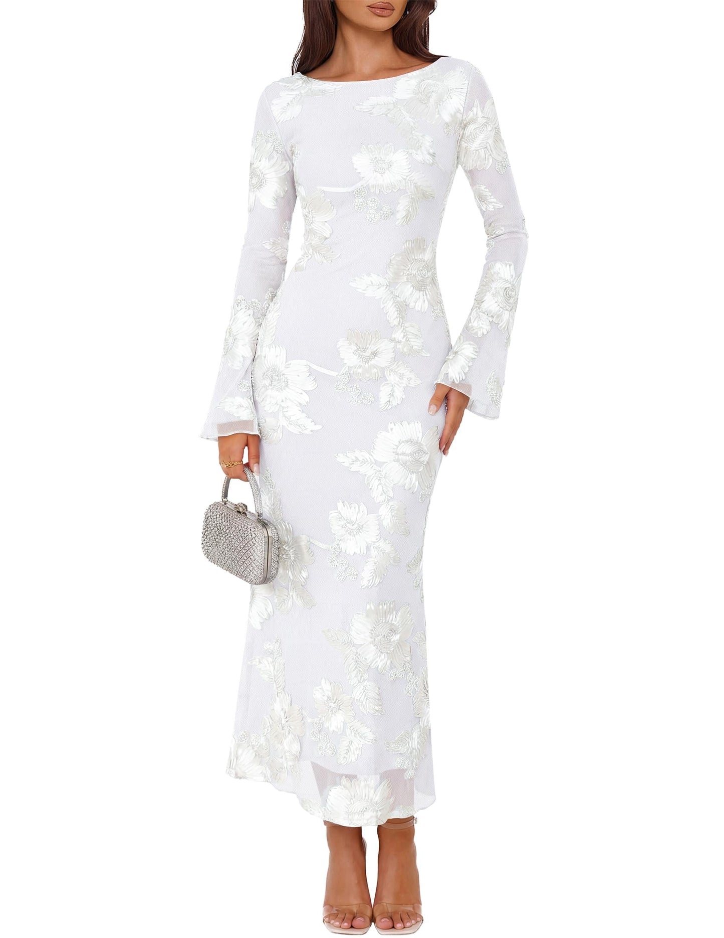 ZESICA Women Fall Long Sleeve Wedding Guest Cocktail Midi Dress