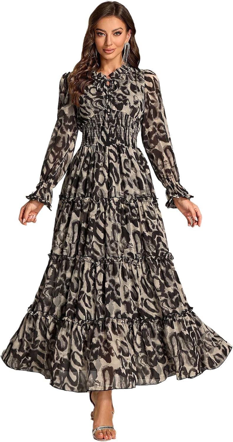 TOLEEN Summer Casual Dresses for Women 2024 Spring Fashion Boho V Neck Long Sleeve Ruffle Floral Print Elegant Maxi Dress