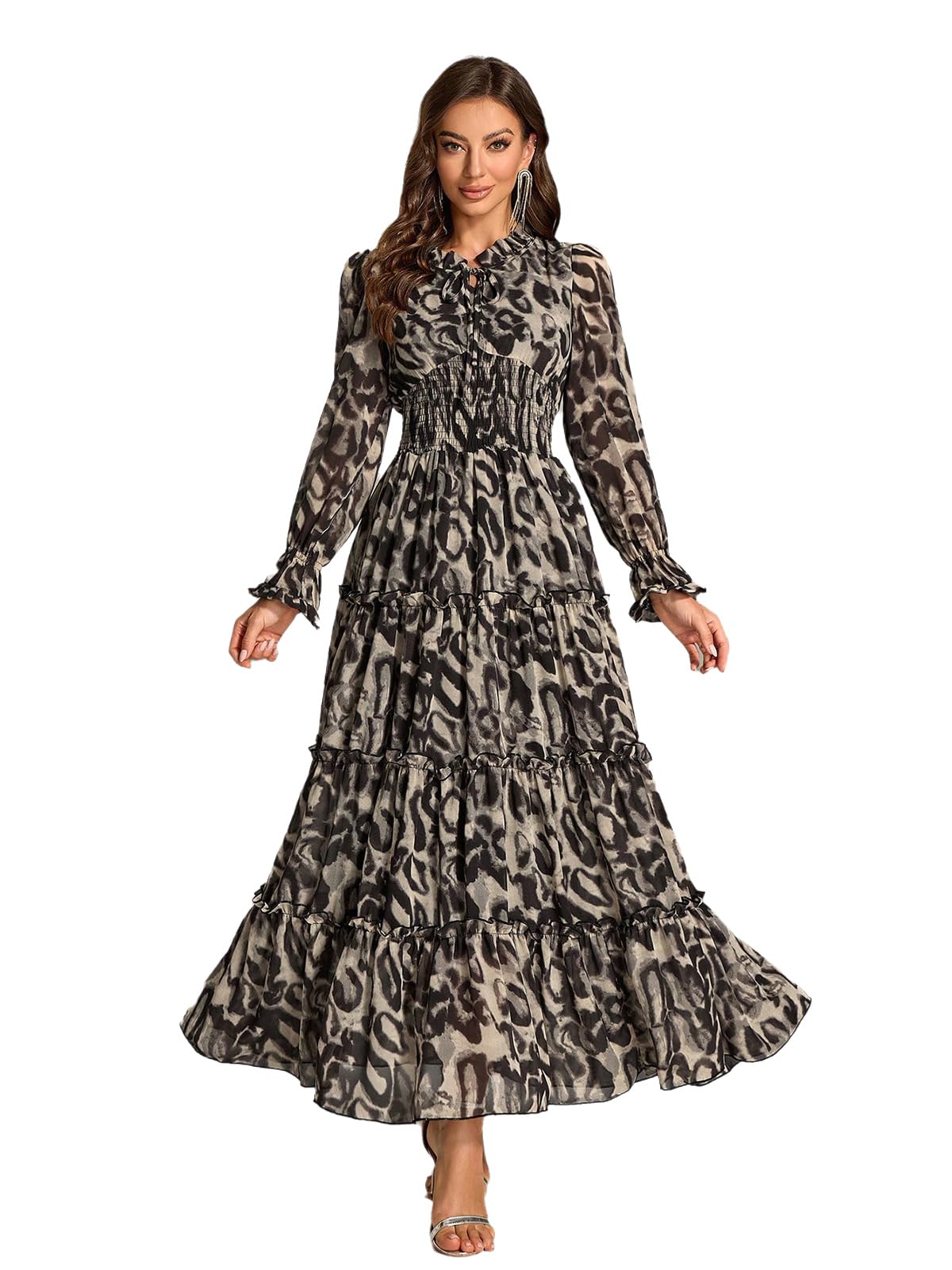 TOLEEN Summer Casual Dresses for Women 2024 Spring Fashion Boho V Neck Long Sleeve Ruffle Floral Print Elegant Maxi Dress