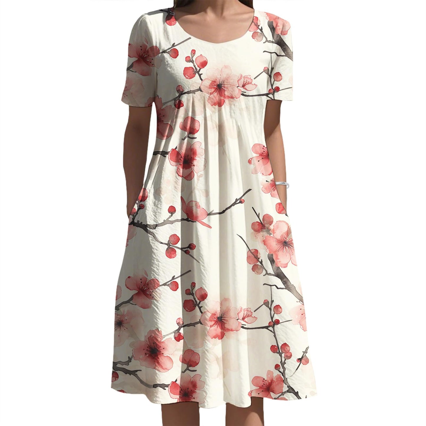 Oriental Ink Floral Midi Dress Gradient Tone for Women Elegant Daily Vacation Outfit with Side Pockets and Style