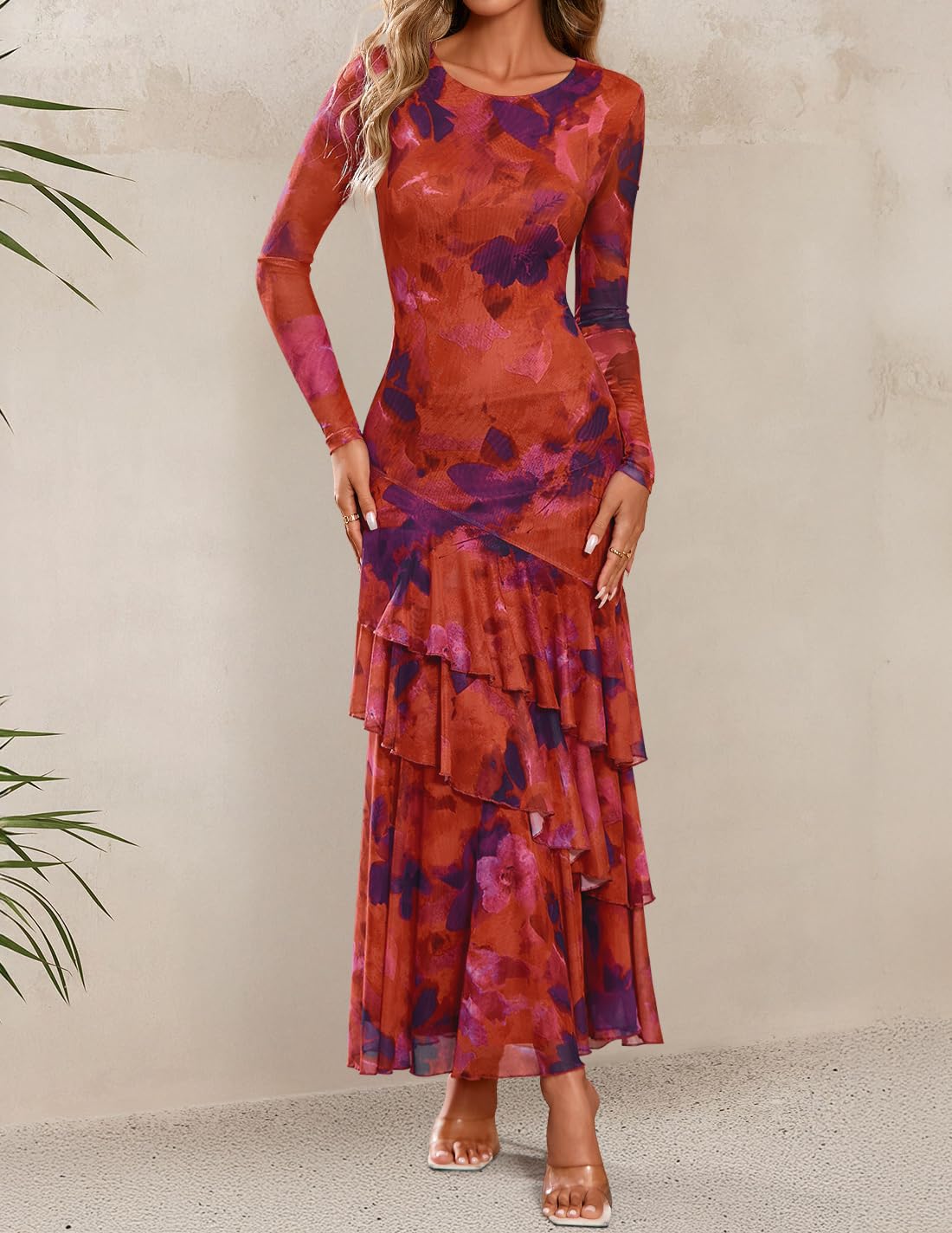 ZESICA Women's Fall Floral Bodycon Maxi Wedding Guest Dresses