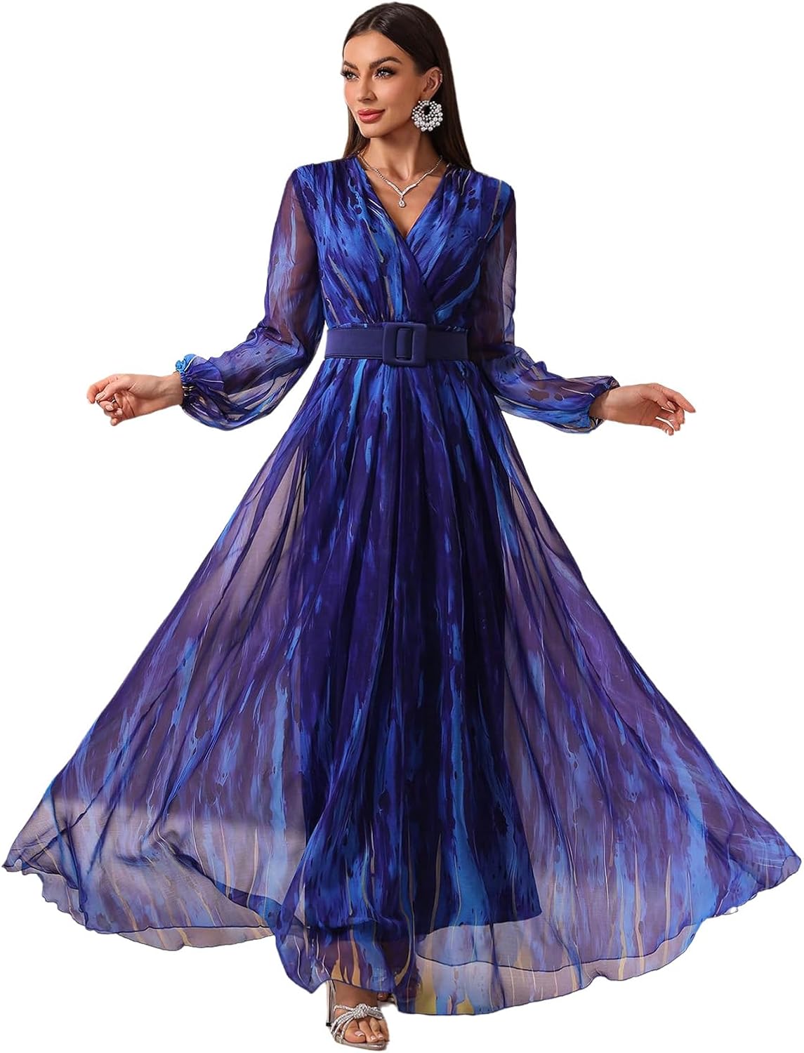 TOLEEN Summer Casual Dresses for Women 2024 Spring Fashion Boho V Neck Long Sleeve Ruffle Floral Print Elegant Maxi Dress