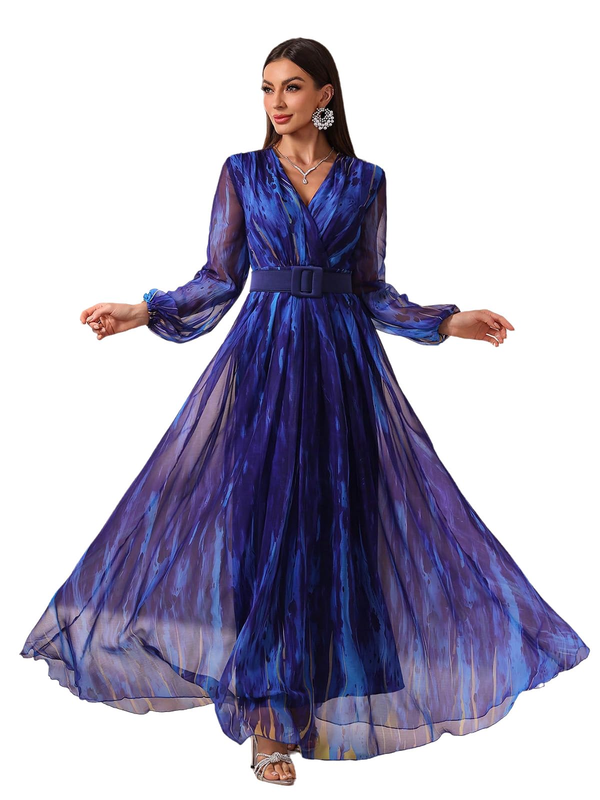 TOLEEN Summer Casual Dresses for Women 2024 Spring Fashion Boho V Neck Long Sleeve Ruffle Floral Print Elegant Maxi Dress