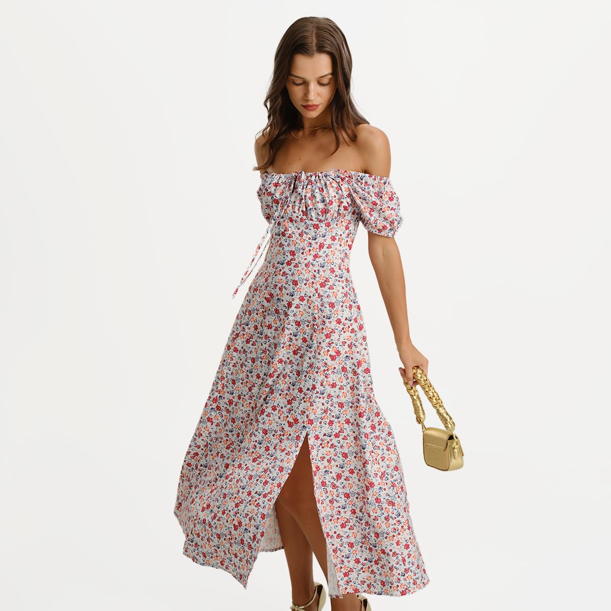 Women Summer Dresses Vintage Square Neck Adjustable Bust Floral Dress Short Puff A-Line Midi Dresses Sleeve