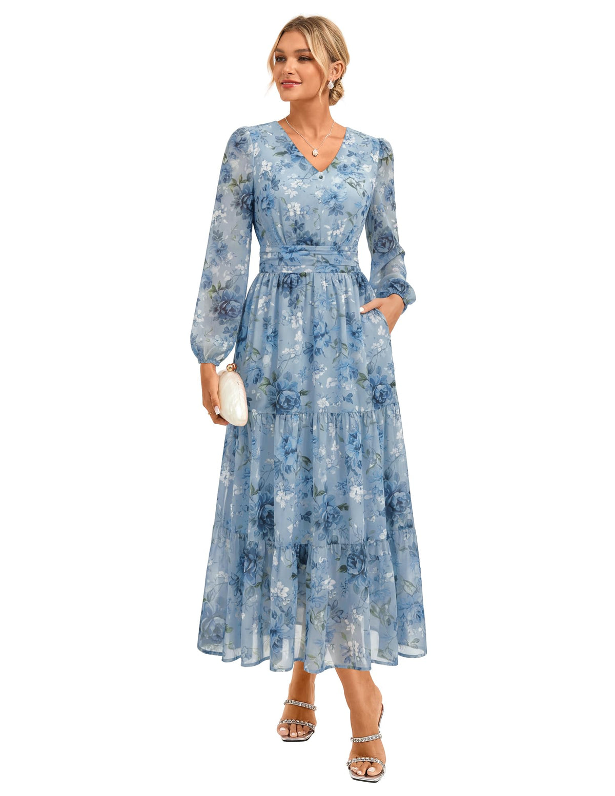 GRACE KARIN Women Floral Maxi Dress Fall Long Sleeve Wedding Guest Dresses