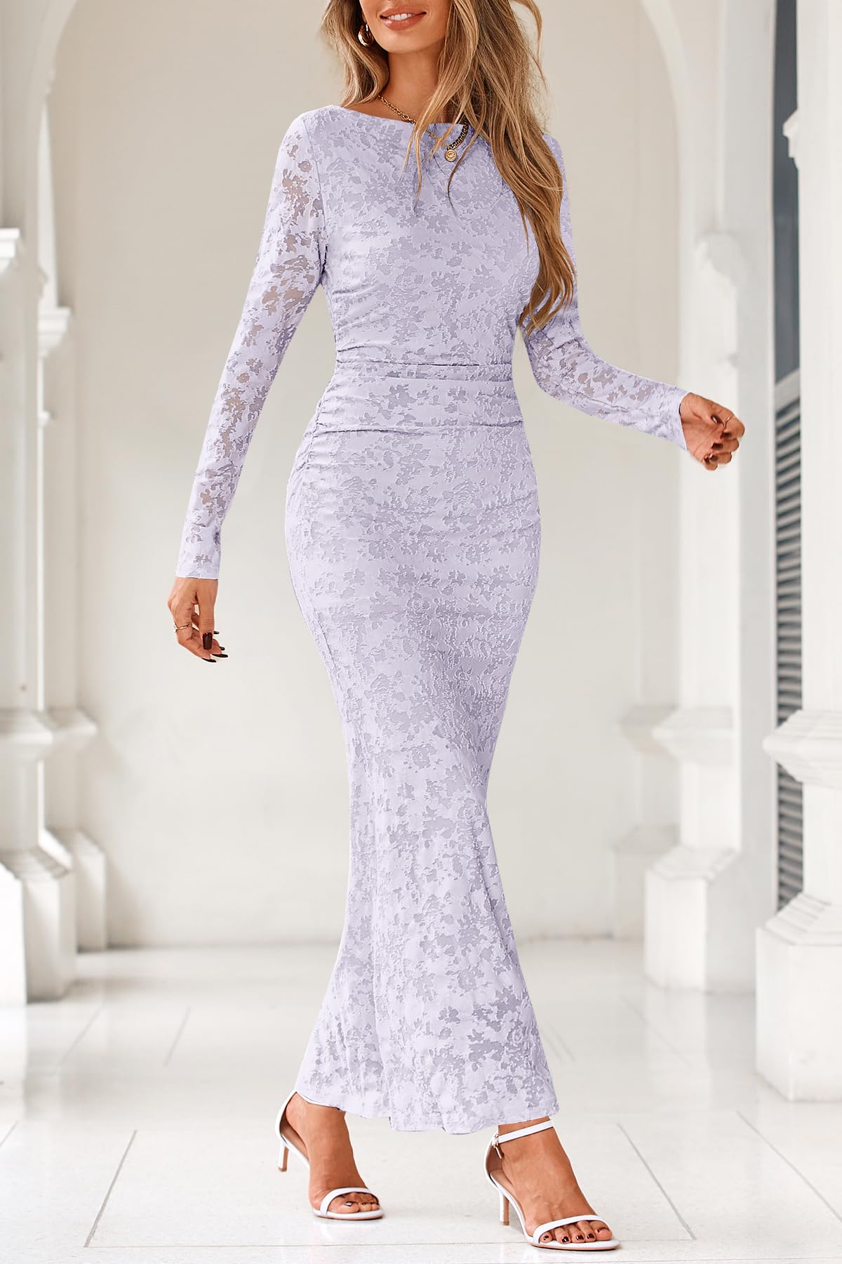 MITILLY Women's Formal Long Sleeve Dress Fall Elegant Floral Bodycon Ruched Cocktail Party Maxi Dresses New
