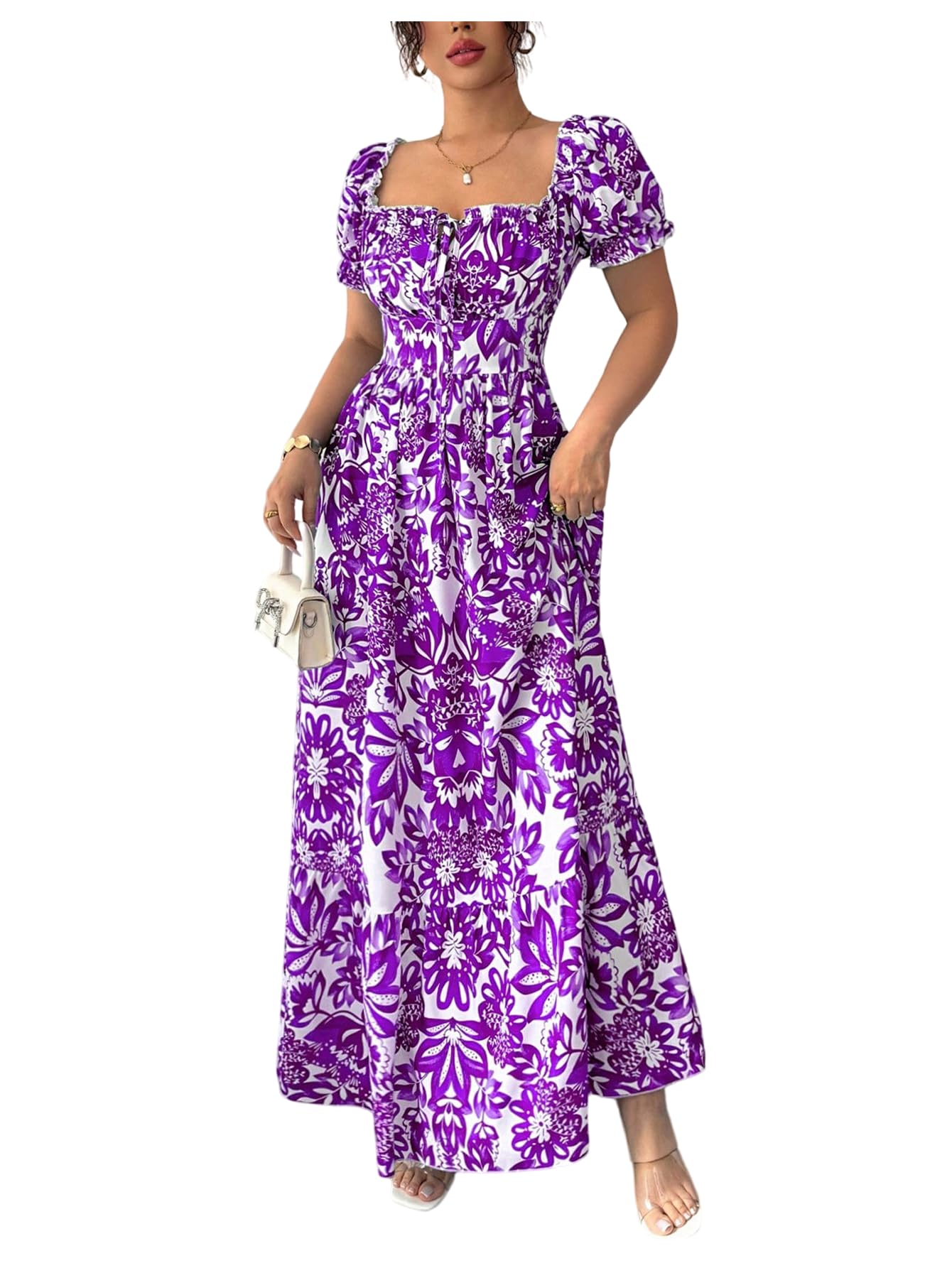 Floerns Women's Floral Short Puff Sleeve Milkmaid Dress Boho A Line Long Dresses