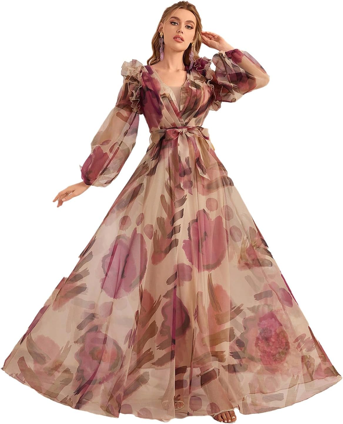 TOLEEN Summer Casual Dresses for Women 2024 Spring Fashion Boho V Neck Long Sleeve Ruffle Floral Print Elegant Maxi Dress