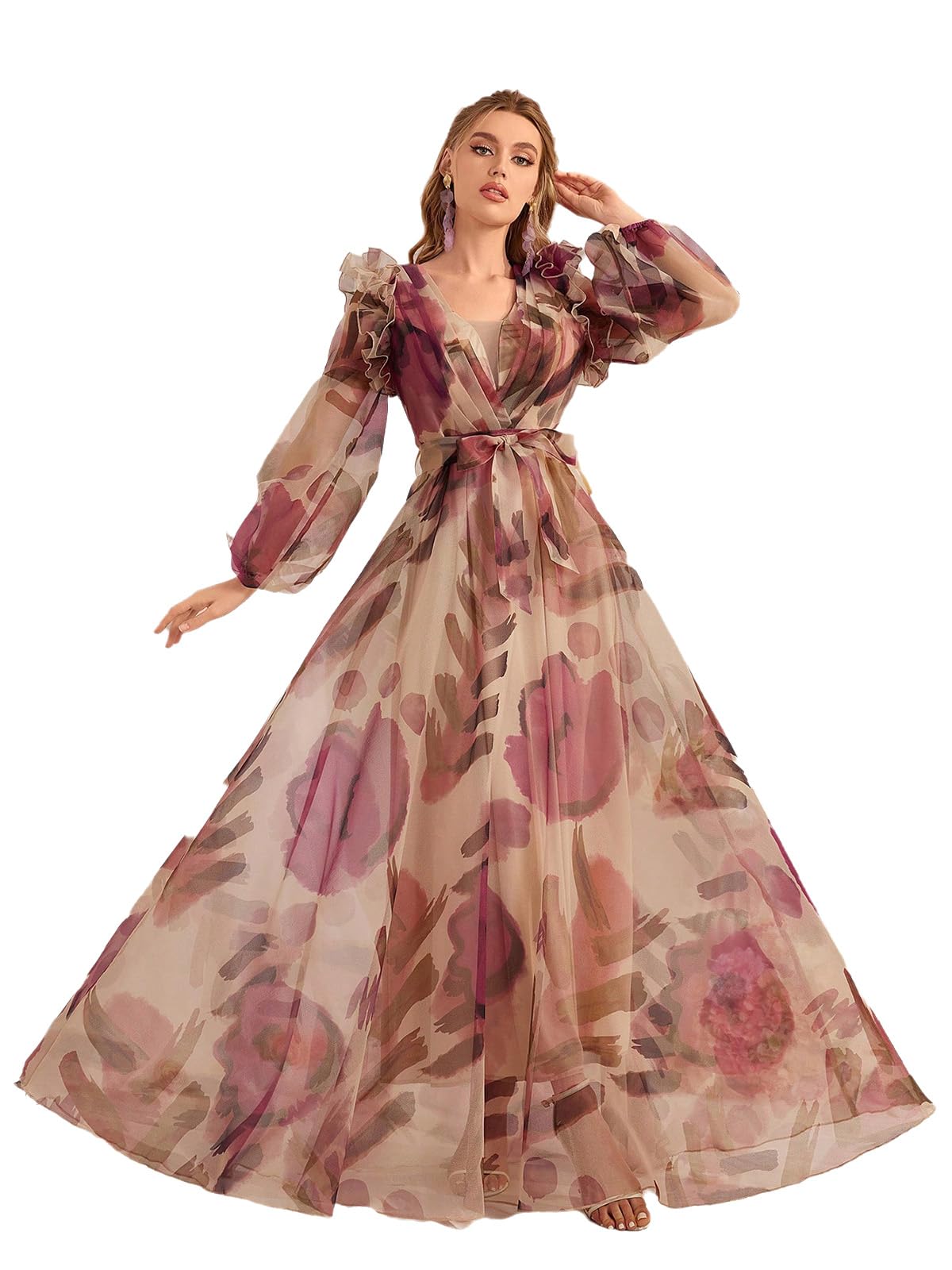 Womens Summer Dresses,Floral Patterns Vintage Elegant Cocktail Long Sleeve Boho Casual Maxi Wedding Guest Dresses for Women