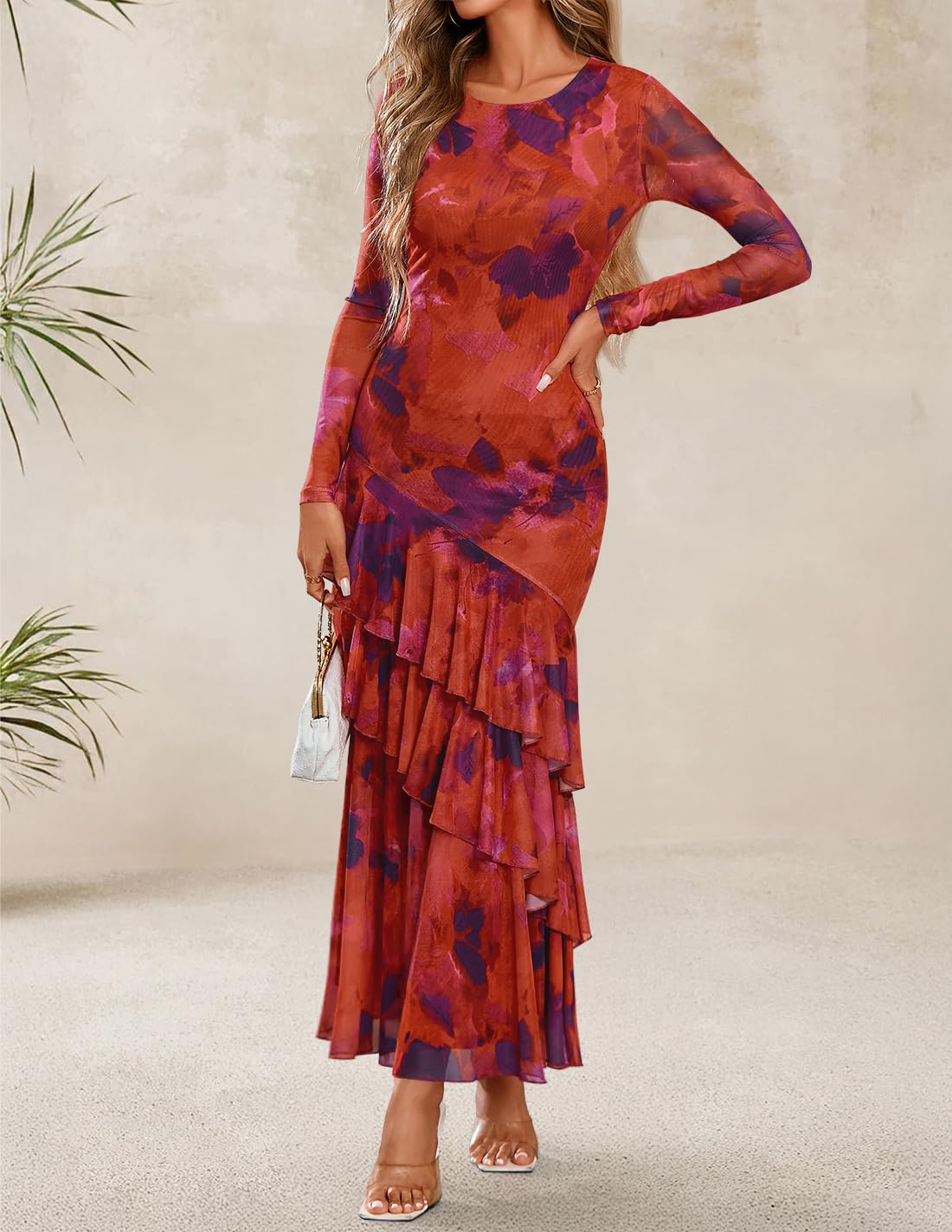 ZESICA Women's Fall Floral Bodycon Maxi Wedding Guest Dresses