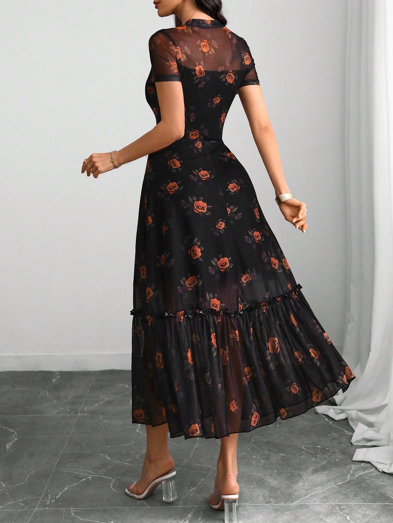 GothDark Women's Summer Floral Mesh Ruffle Dress Short Sleeve Round Neck Waist Cinched Casual Maxi Wedding Guest Dresses