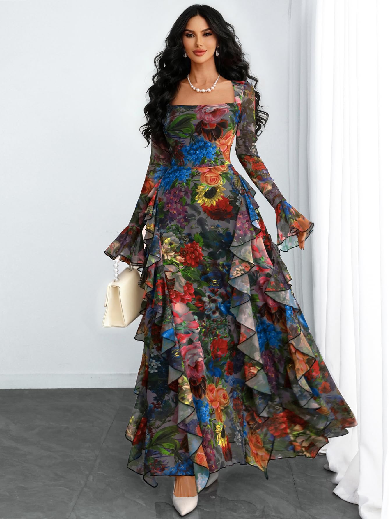 GothDark Women's Floral Dress Mesh Sheer Long Sleeve Square Neck Ruffle Layered Elegant Date Night Holiday Party Outfit