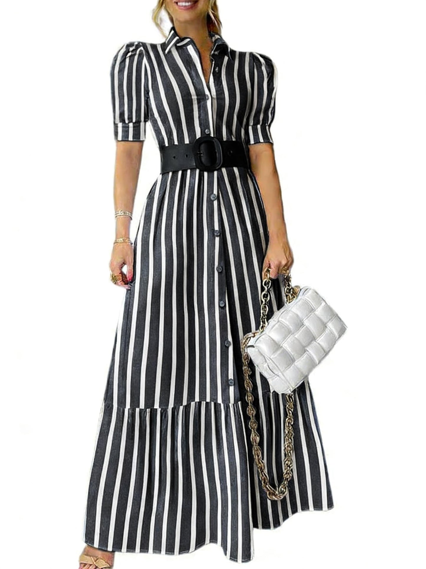 utcoco Womens Striped Button Down Shirt Dress Casual Puff Short Sleeve Ruffle Hem Maxi Dresses with Belt