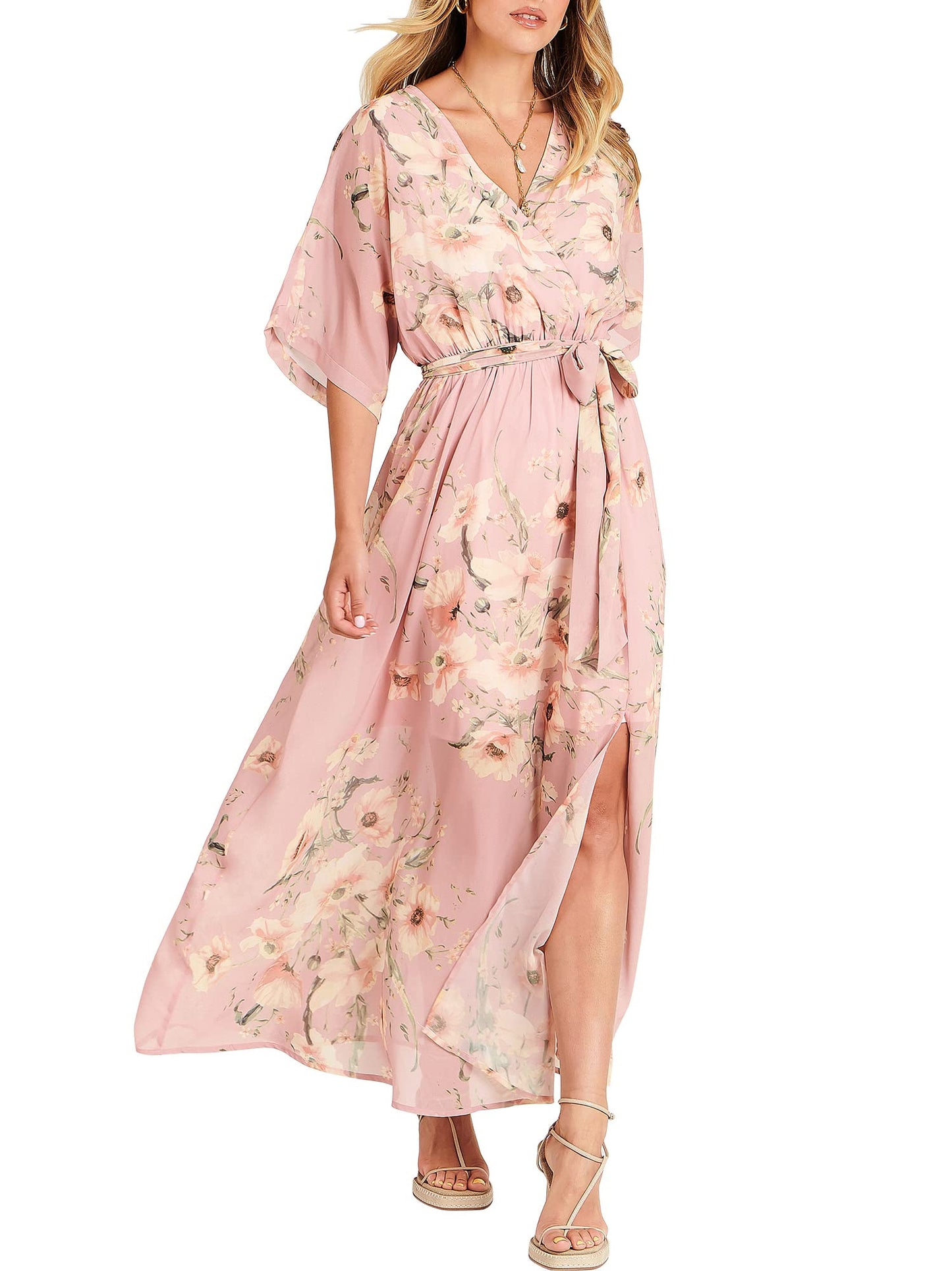 ANRABESS Womens 1/2 Sleeve Beach Wedding Guest Maxi Dresses 2026 Summer Wrap V Neck Boho Floral Flowy Slit Long Dresses