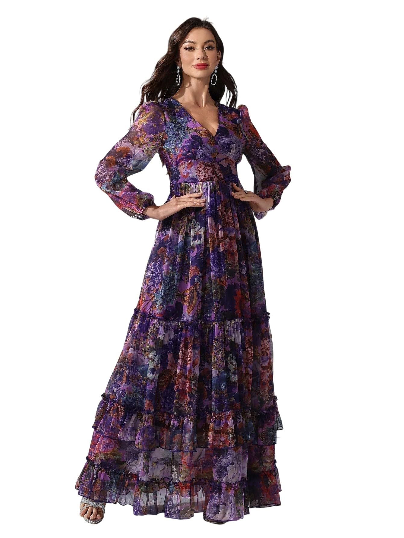 Womens Summer Dresses,Floral Patterns Vintage Elegant Cocktail Long Sleeve Boho Casual Maxi Wedding Guest Dresses for Women