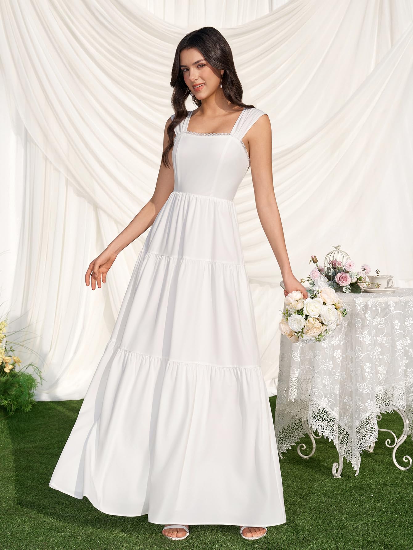 KUTUMAI Floral Maxi Long Dress Lace Up Square Neck Flowy Summer Wedding Guest Dresses for Women 2026