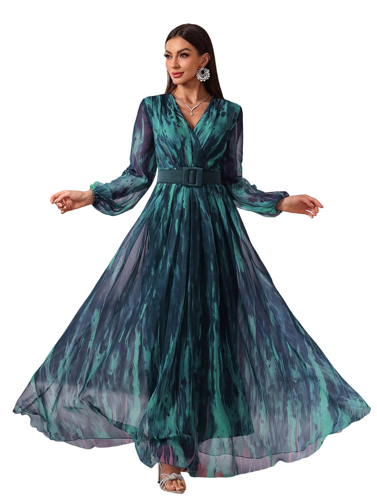 TOLEEN Summer Casual Dresses for Women 2024 Spring Fashion Boho V Neck Long Sleeve Ruffle Floral Print Elegant Maxi Dress