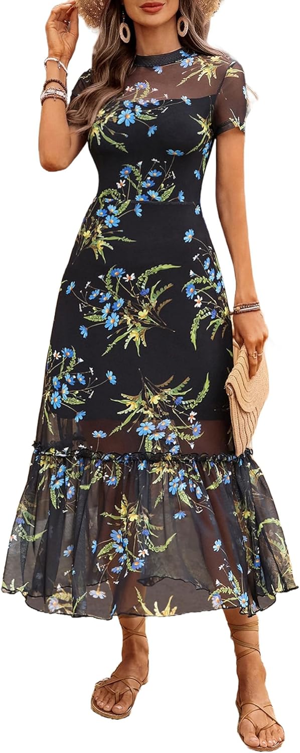 GothDark Women's Summer Floral Mesh Ruffle Dress Short Sleeve Round Neck Waist Cinched Casual Maxi Wedding Guest Dresses