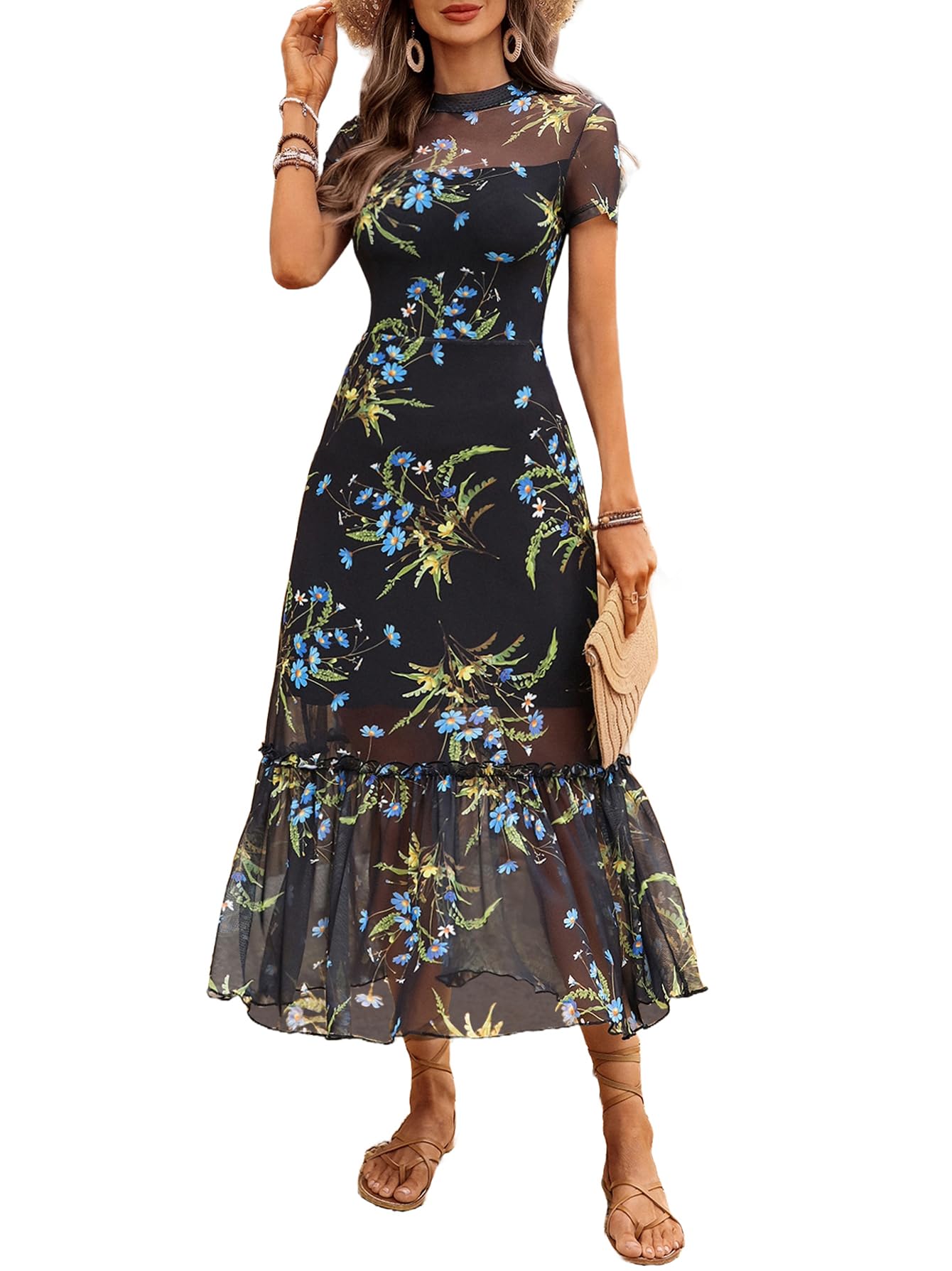 GothDark Women's Summer Floral Mesh Ruffle Dress Short Sleeve Round Neck Waist Cinched Casual Maxi Wedding Guest Dresses