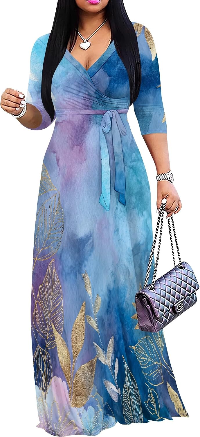 SUZONANA Plus Size Dresses for Women Floral Print Maxi Dress Flowy 3/4 Sleeve with Belt