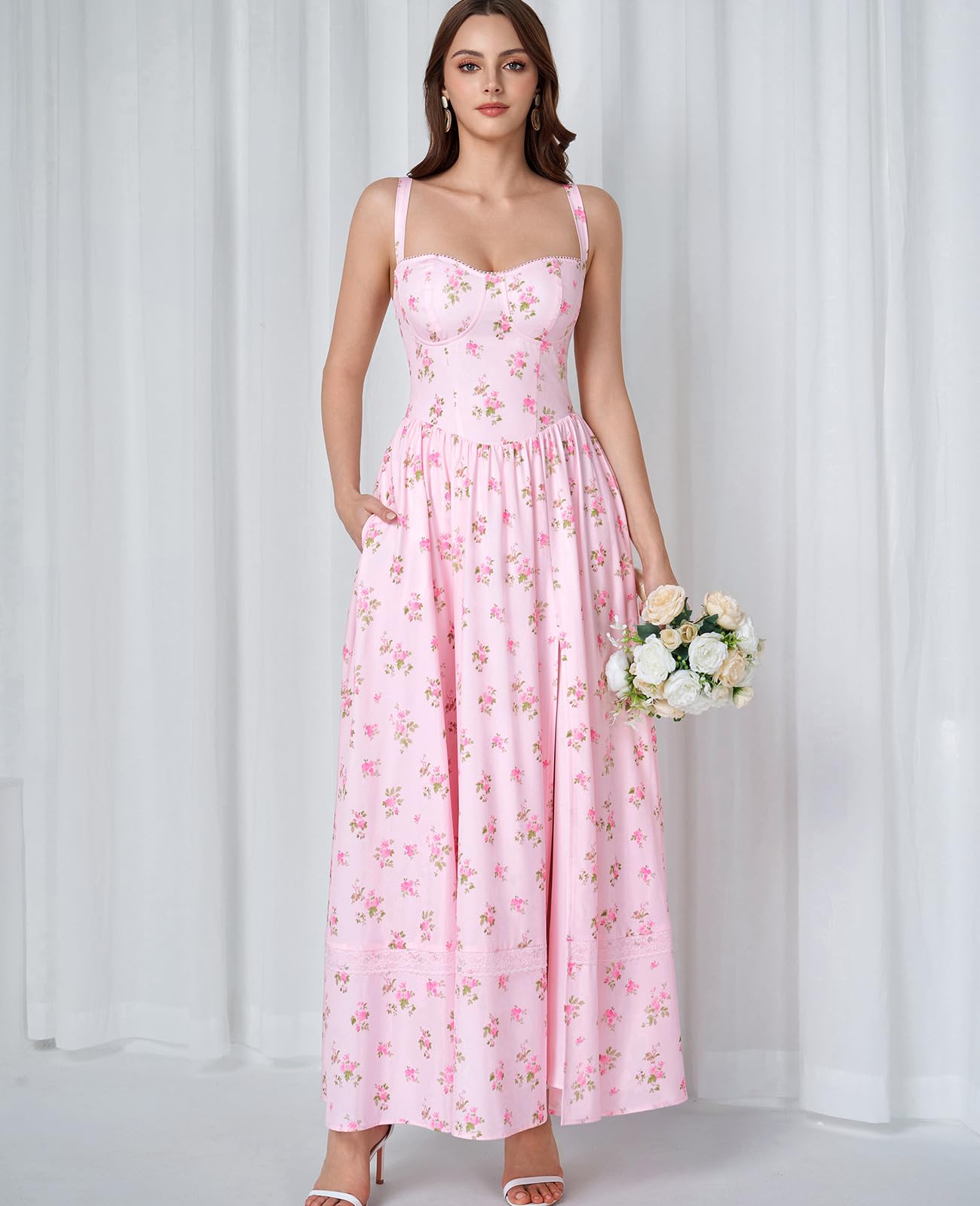 GLNEGE Floral Corset Wedding Guest Maxi Dress Summer Spring Flowy A Line Slit Tea Party Sundress for Women with Pockets