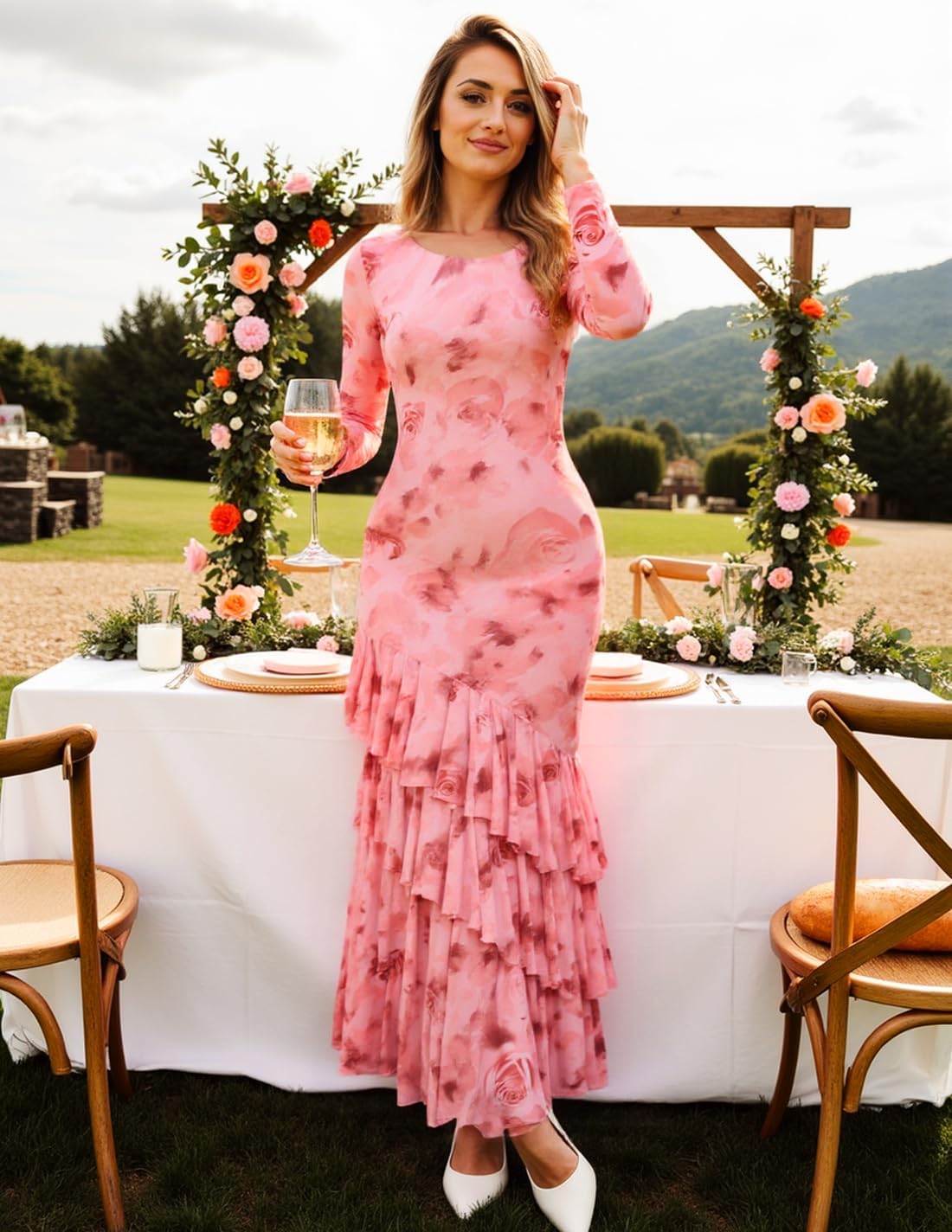 ZESICA Women's Fall Floral Bodycon Maxi Wedding Guest Dresses