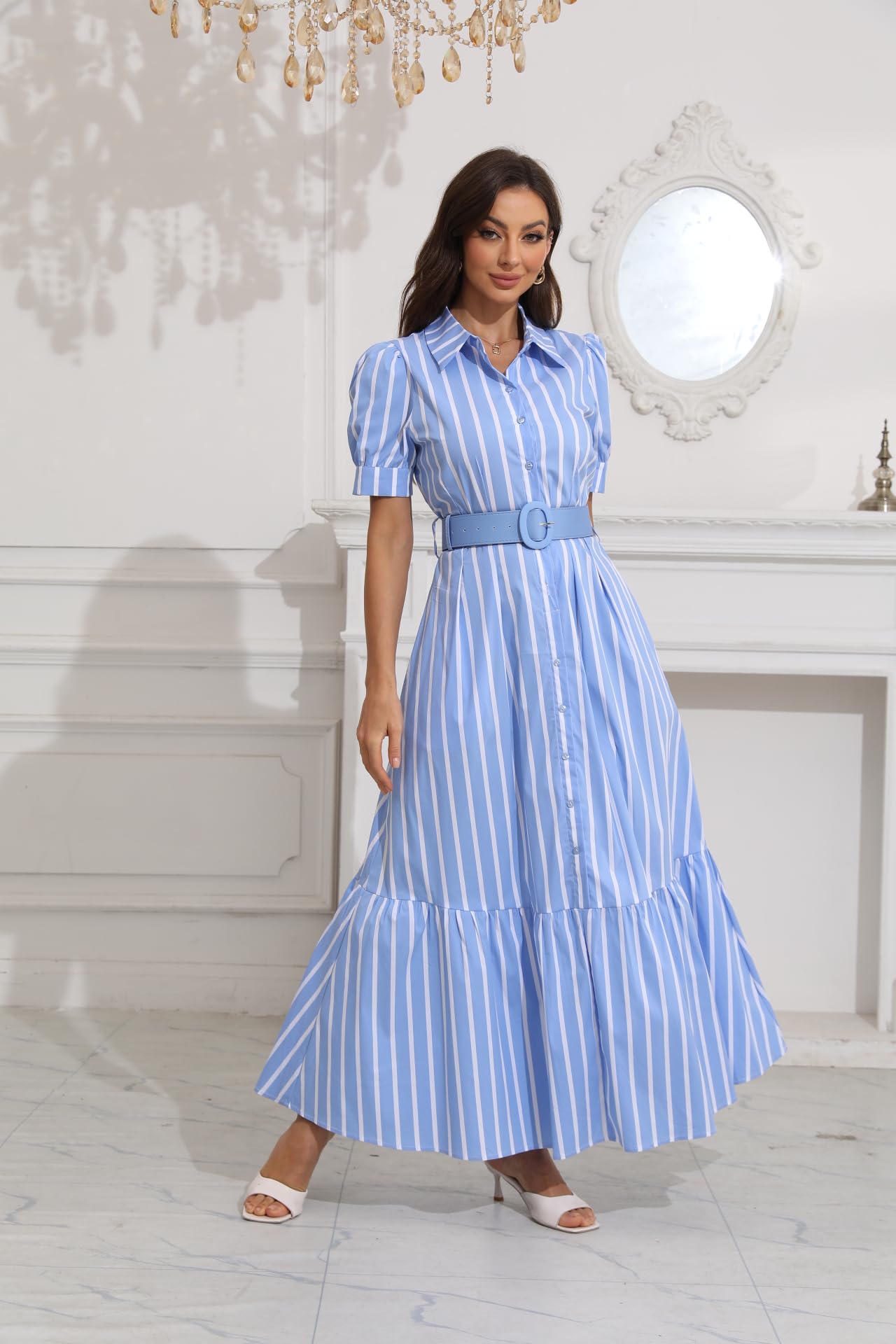 utcoco Womens Striped Button Down Shirt Dress Casual Puff Short Sleeve Ruffle Hem Maxi Dresses with Belt