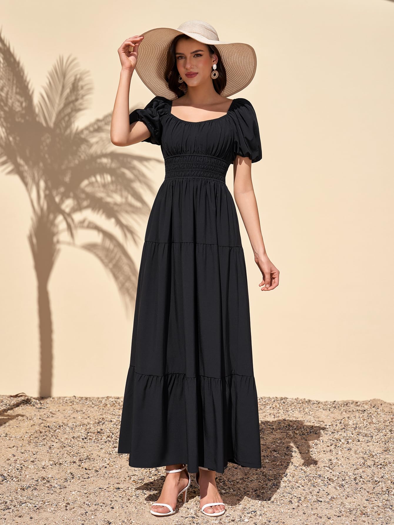 Women Puff Sleeve Wedding Guest Maxi Dress Floral Flowy A Line Tiered Beach Long Dresses