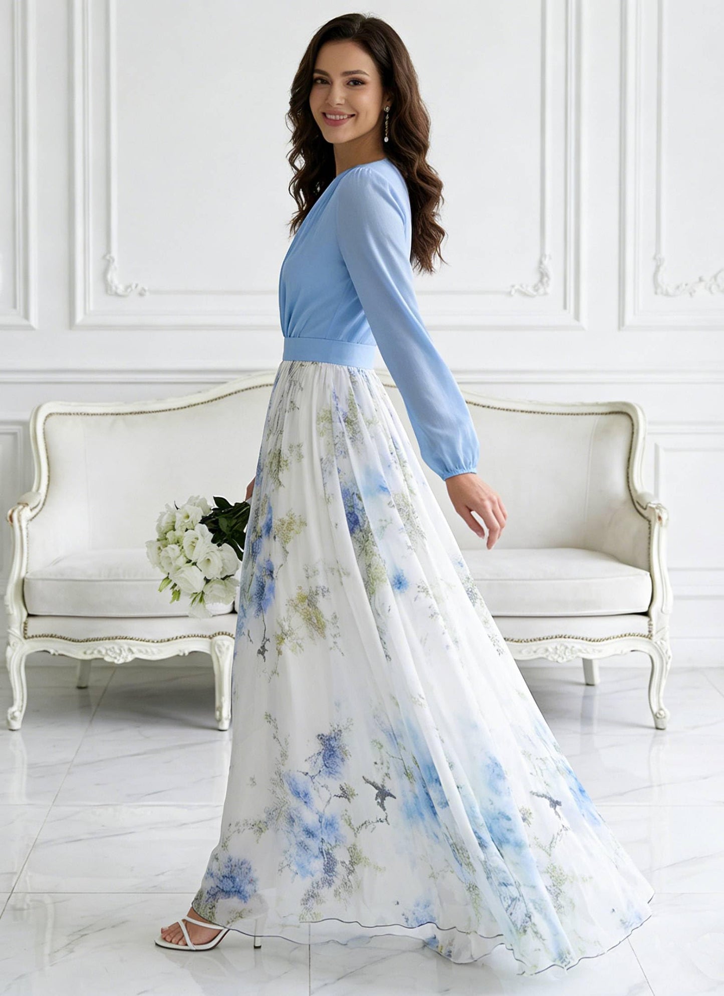 Women's Boho Floral Chiffon Maxi Dresses 2026 Summer Casual Long Sheer Sleeve Deep V Neck A-Line Beach Vacation Dress