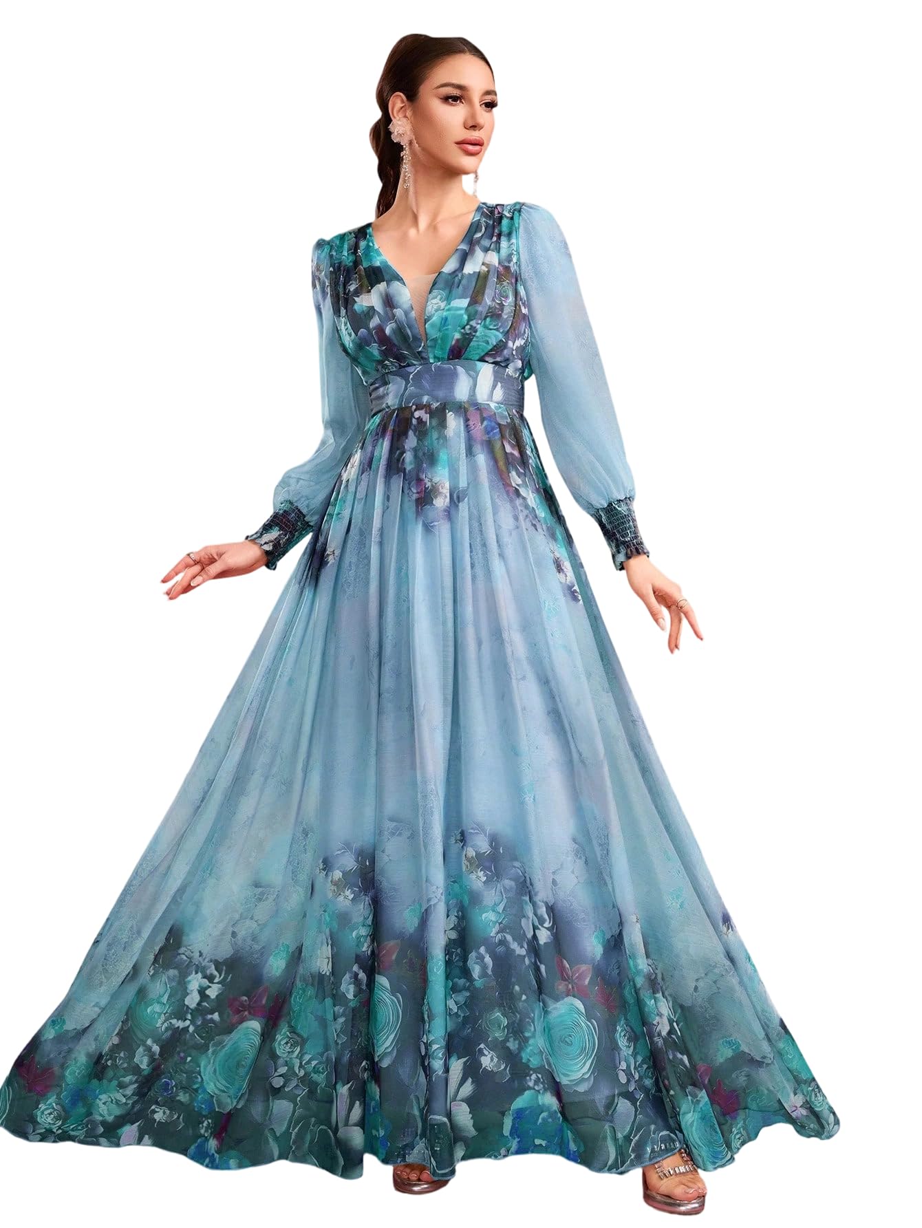 Womens Summer Dresses,Floral Patterns Vintage Elegant Cocktail Long Sleeve Boho Casual Maxi Wedding Guest Dresses for Women
