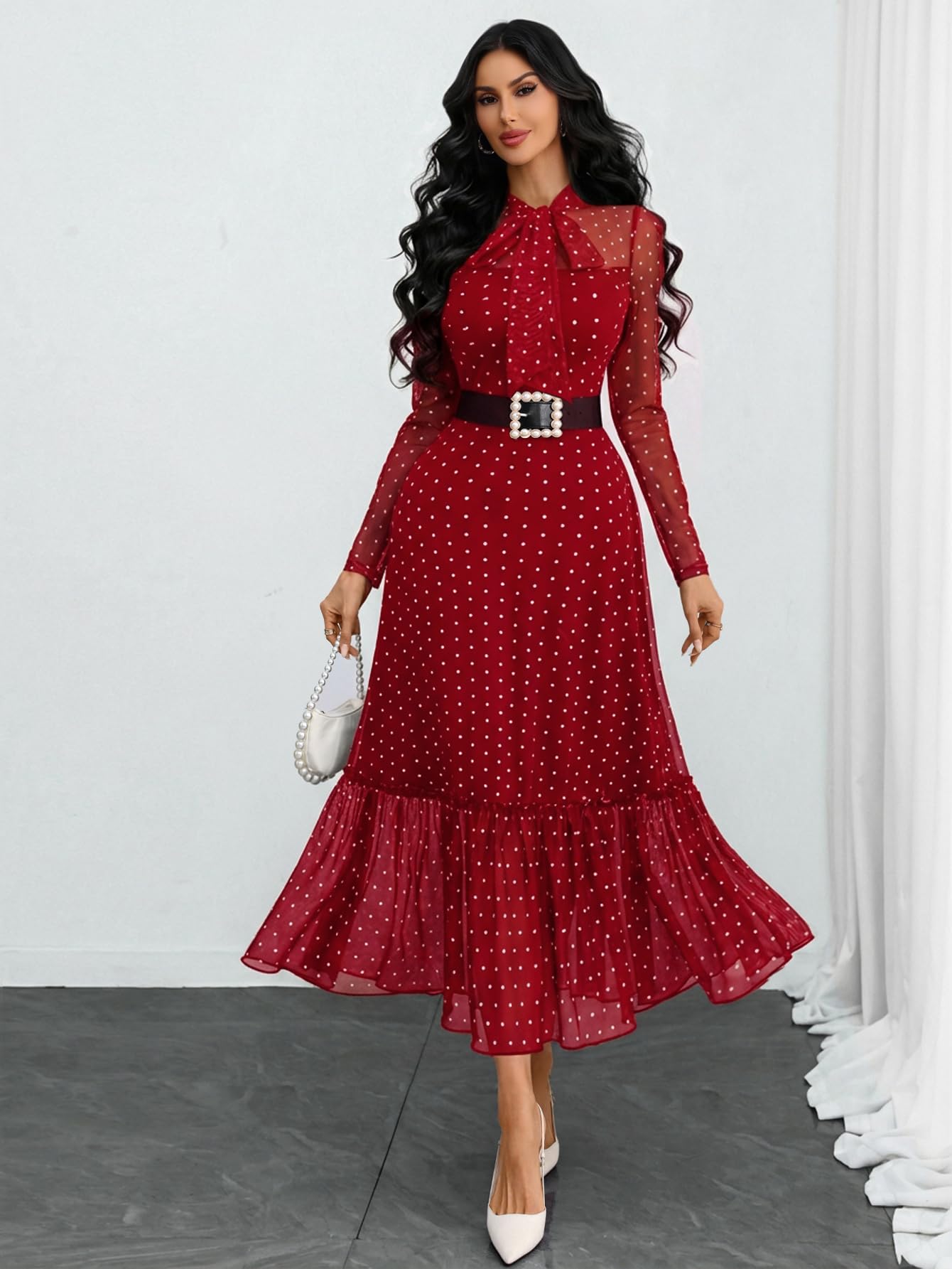 GothDark Polka Dot Dress for Women Mesh Tie Neck Bow Sheer Sleeve Flowy Ruffle Hem Going Out Wedding Guest Casual Dress