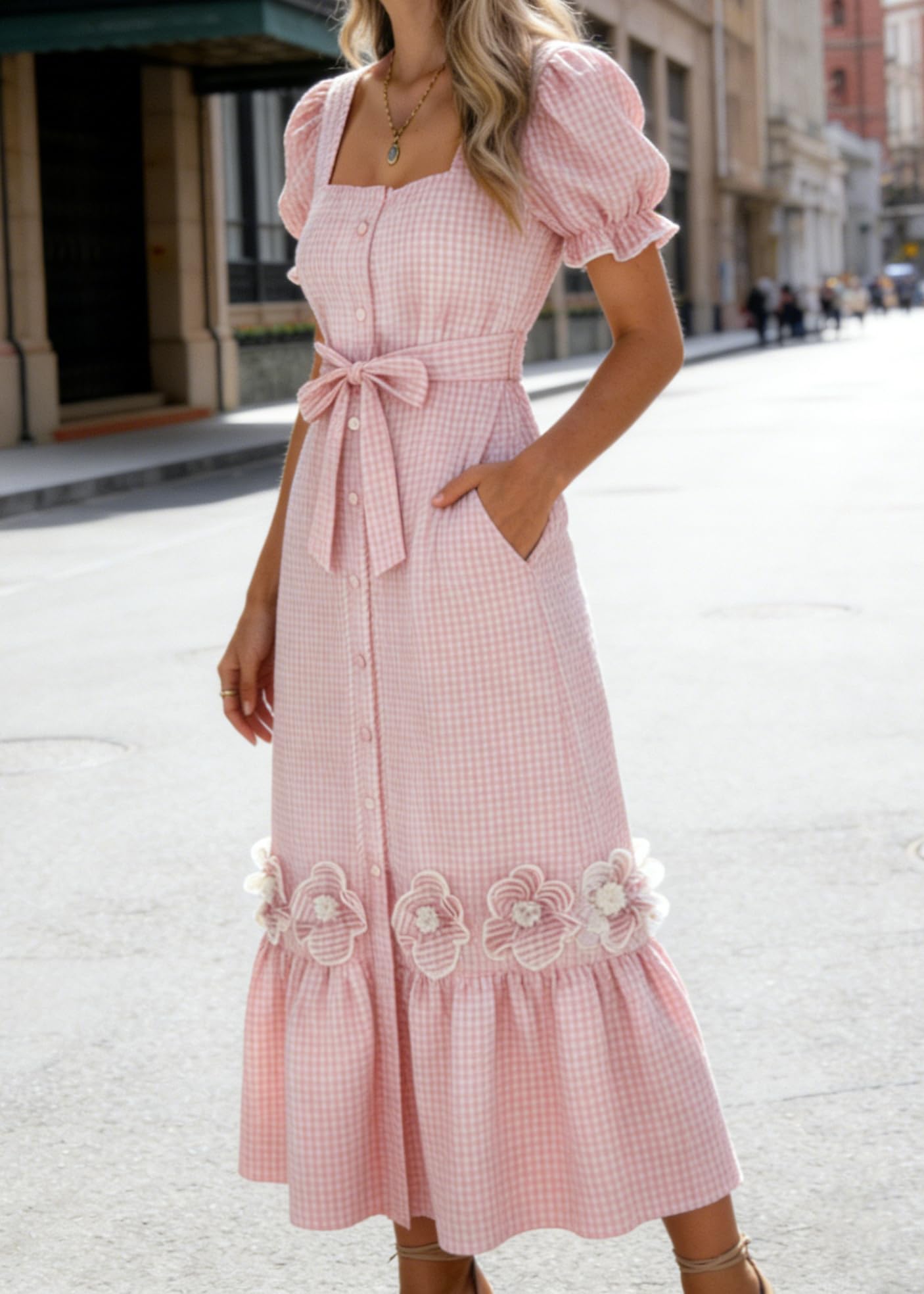 utcoco Dresses for Women Puff Short Sleeve Button Down 3D Flower Ruffle Plaid Maxi Shirt Dress