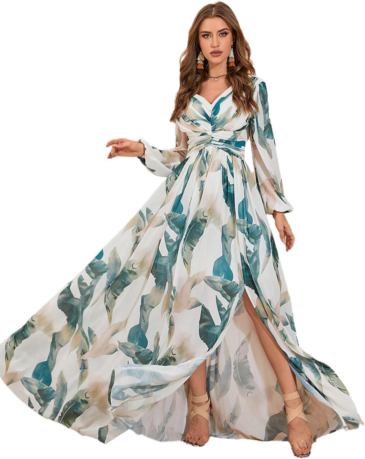 TOLEEN Summer Casual Dresses for Women 2024 Spring Fashion Boho V Neck Long Sleeve Ruffle Floral Print Elegant Maxi Dress